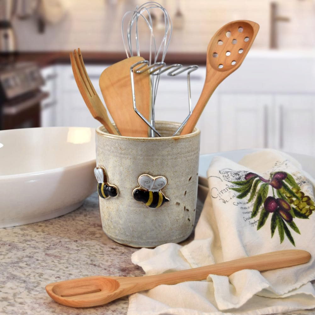 Handmade American Stoneware Utensil Holder with Busy Bee Design - Farmhouse Kitchen Countertop Organizer for Spoons, Forks & Cooking Tools