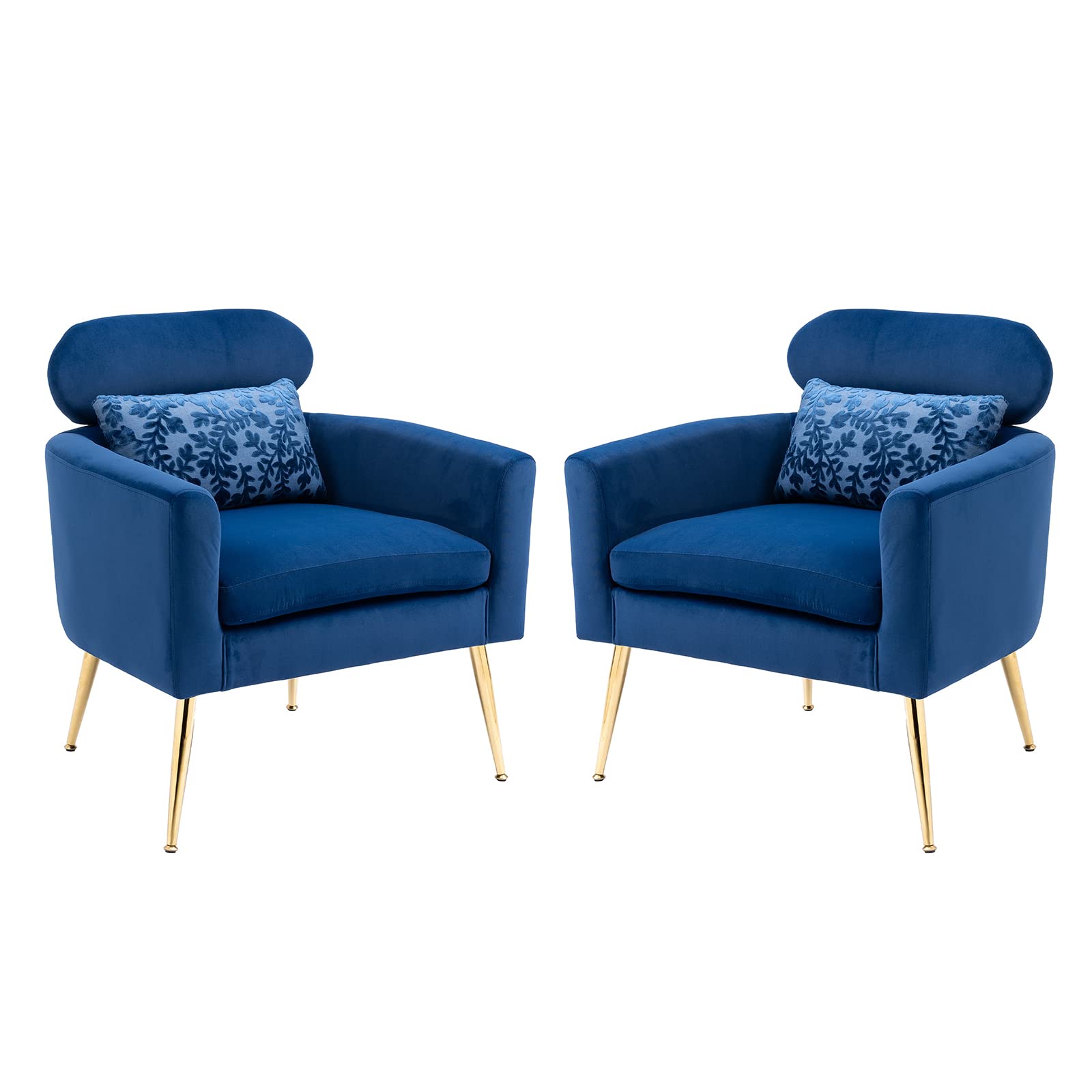 KIVENJAJA Velvet Accent Chair with Pillow - Modern Upholstered Armchair with Gold Metal Legs - Comfy Reading Chair for Living Room, Bedroom, Office - Set of 2 Navy Blue Sofas - Perfect for Relaxing, Reading & Home Decor