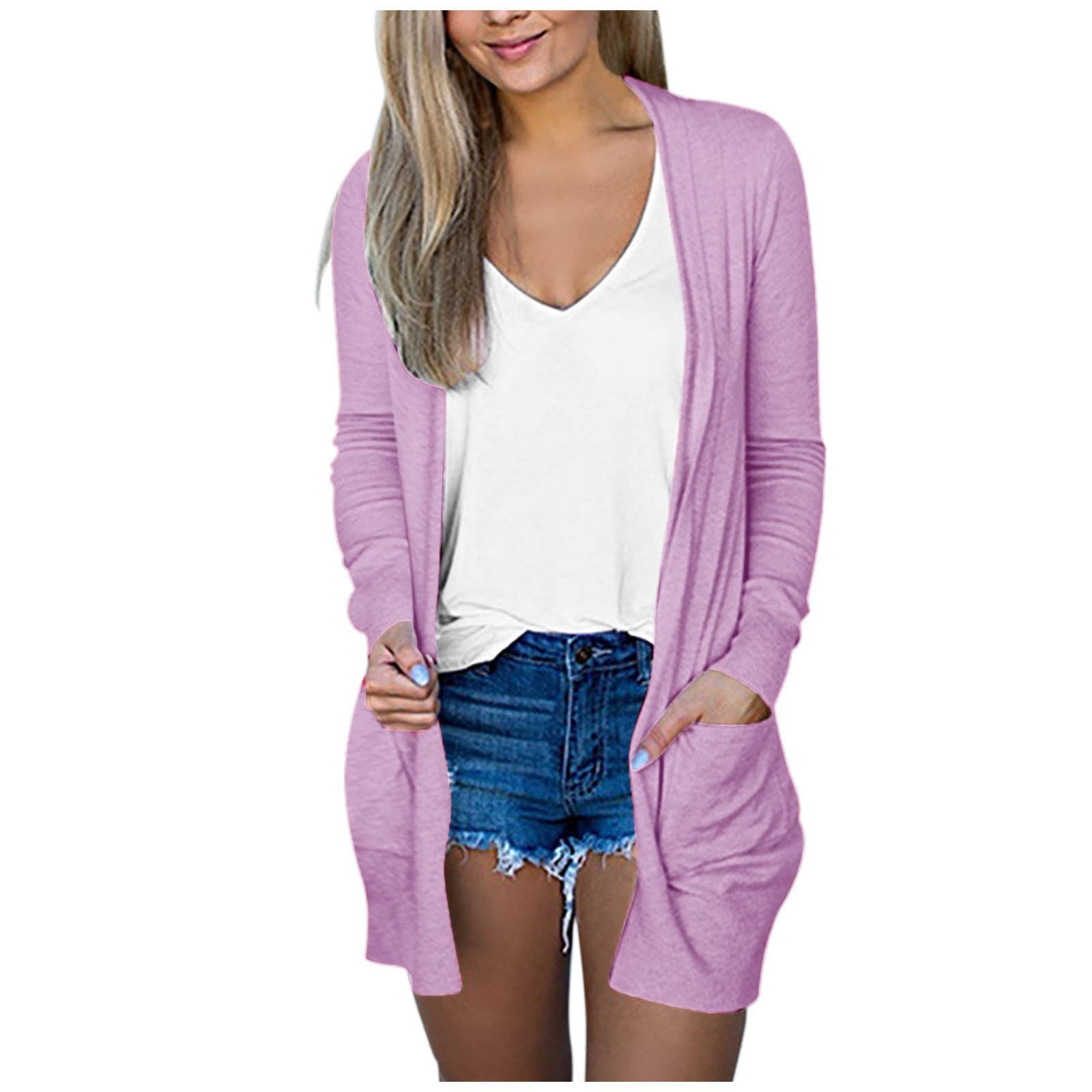 Elegant Long Cardigans for Women - Open Front Sheer Sweater with Pockets & Long Sleeves - Perfect for Office Wear, Evening Outfits & Casual Layering (Purple)