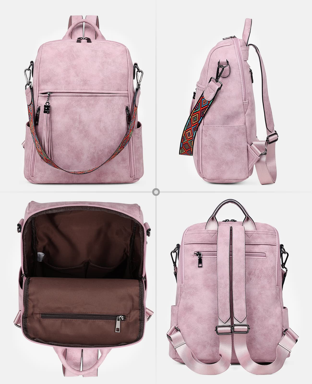 FADEON Women's Leather Backpack Purse - Stylish PU Shoulder Bag with Tassel for Travel, Work & Daily Use | Fashionable Pink Designer Handbag for Women