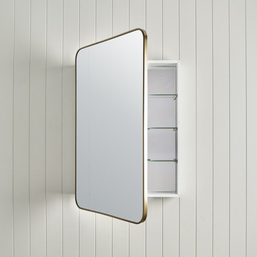 Rectangular Mirror Cabinet with Brushed Brass Finish - Modern Bathroom Vanity & Storage Solution for Small Spaces