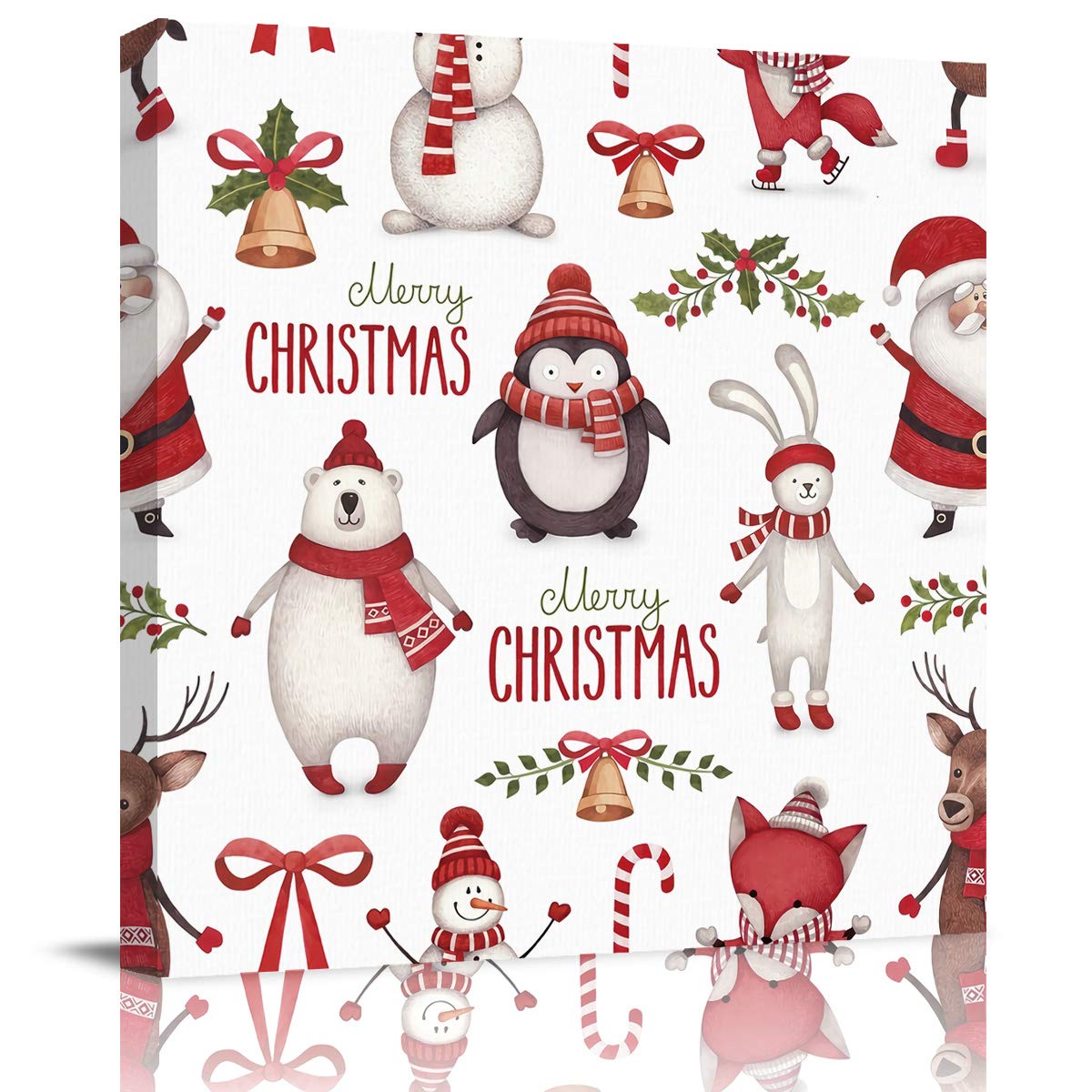 Merry Christmas Canvas Wall Art - 24x24 Inch Santa Claus & Animals Cartoon Illustration Print for Living Room Home Decor | Perfect for Holiday Gifts & Seasonal Interior Design