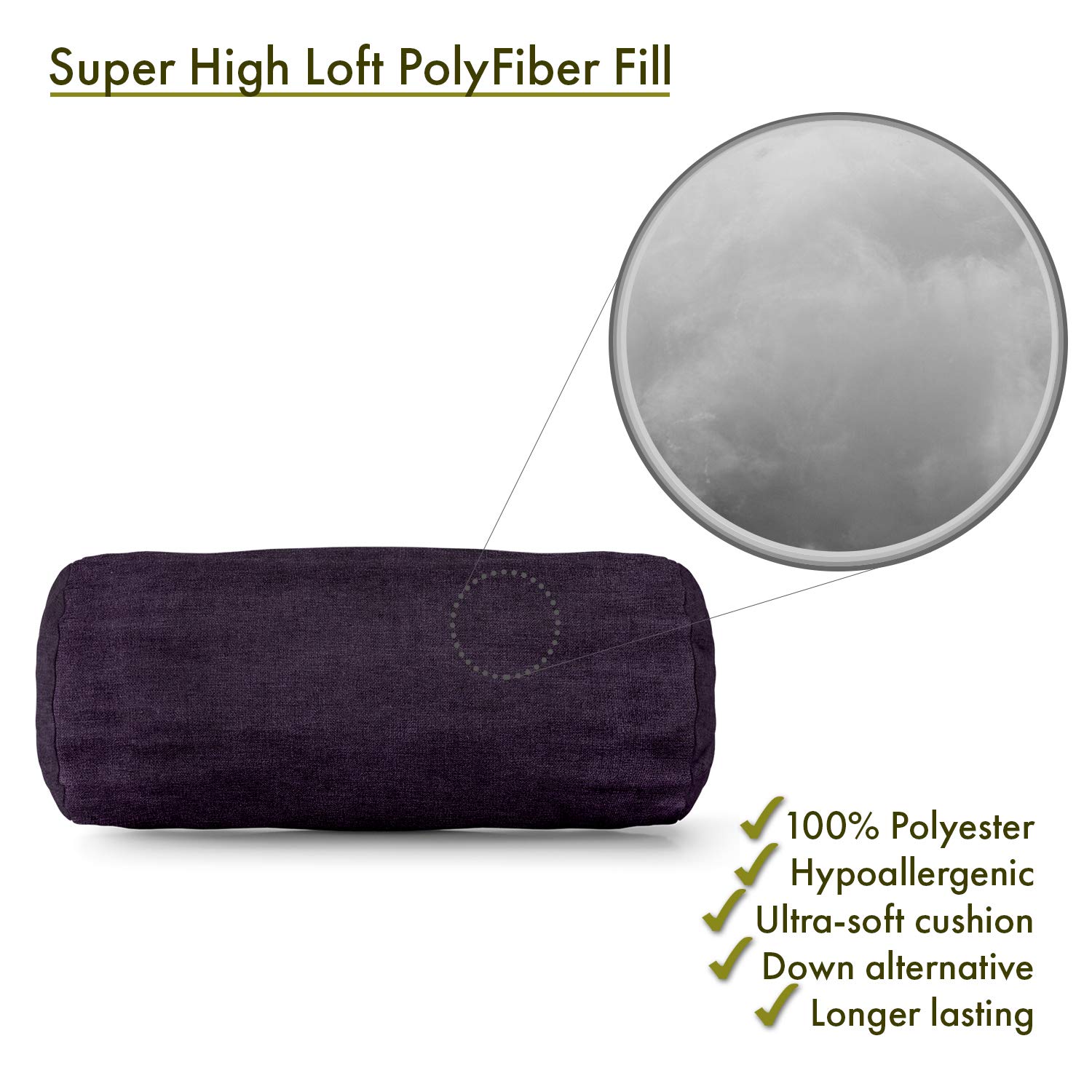 Majestic Home Goods Villa Round Bolster Pillow - Soft & Supportive for Neck & Back - Perfect for Bed, Sofa & Reading - Elegant Aubergine Color