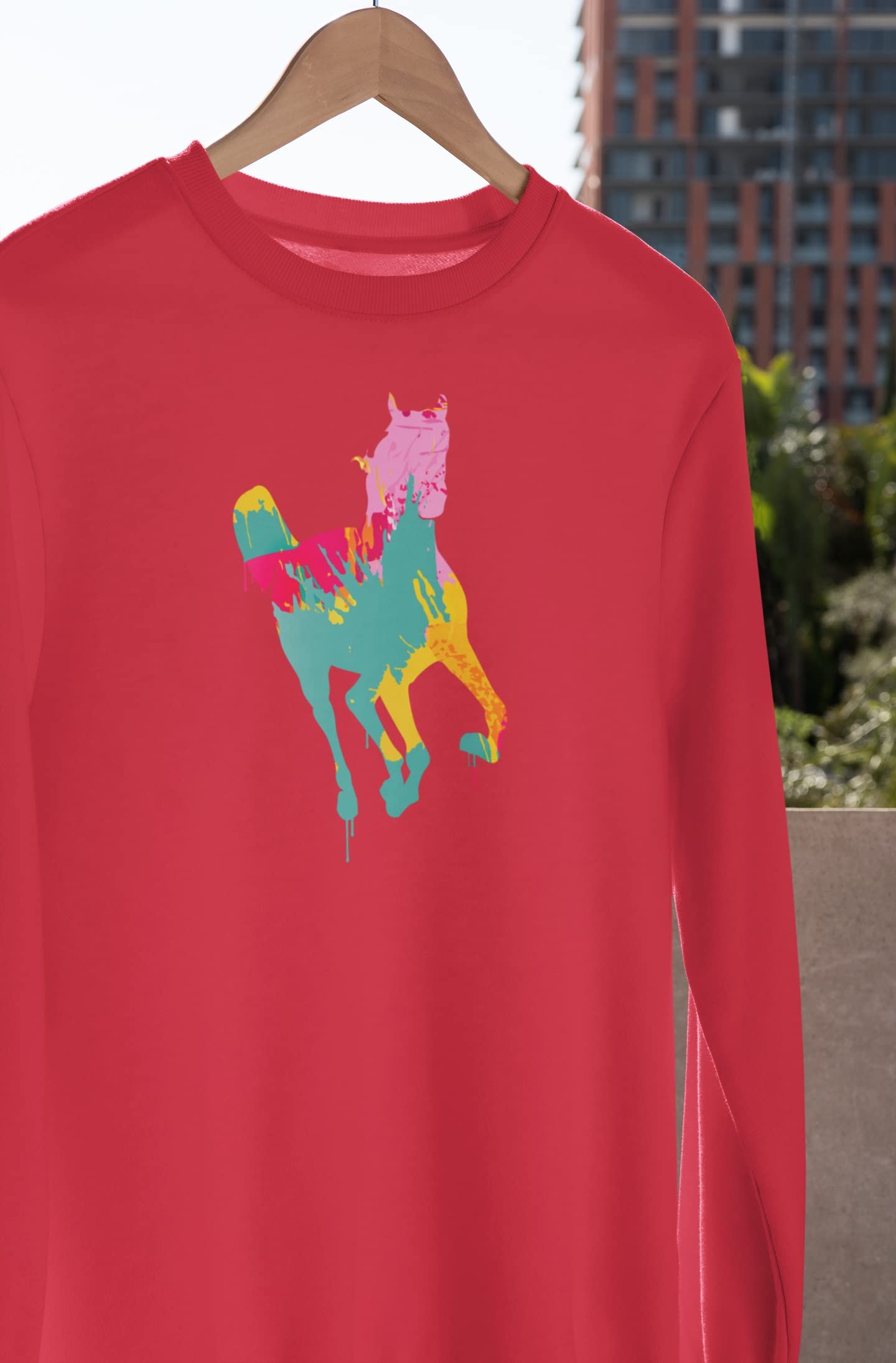 Red Splatter Horse Print Adult Crewneck Sweatshirt - Comfortable Pullover for Casual Wear, Street Style & Outdoor Activities