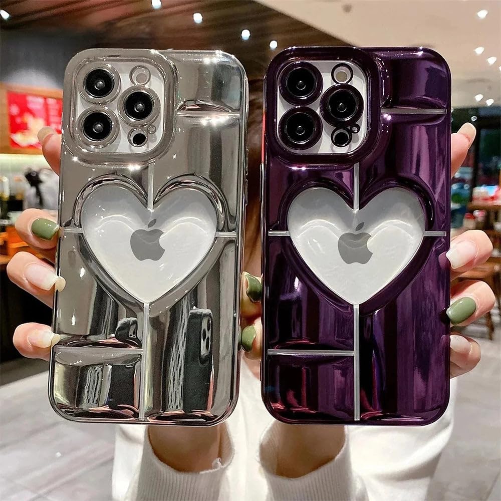 Premium Luxury Electroplated Heart-Shaped Hollow iPhone 15 Case - Shockproof Soft TPU Cover with Camera Lens Protection (Blue) | Perfect for Valentine's Gifts, Date Nights & Romantic Occasions