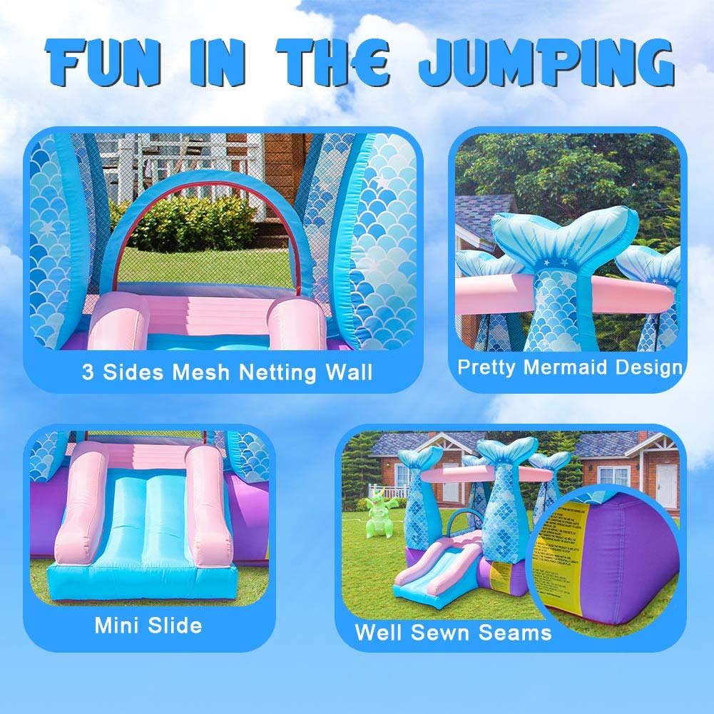 **Doctor Dolphin Bounce House Inflatable Mermaid Bouncy Castle with Air Blower for Kids - Outdoor Birthday Party, Backyard Play, Summer Water Fun**