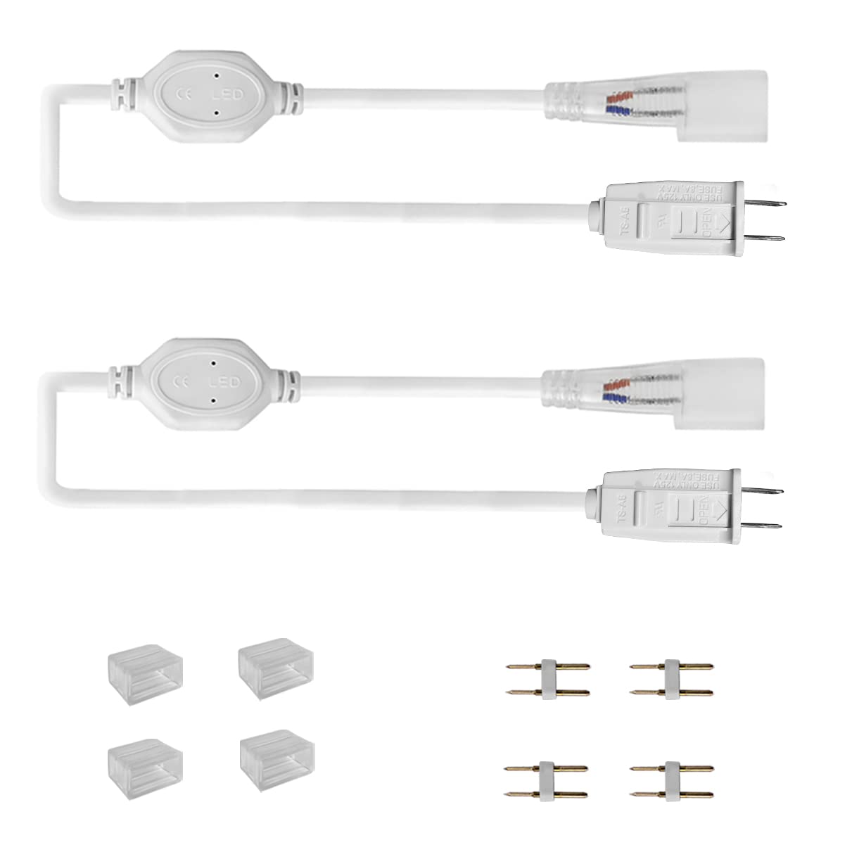 LED Strip Light Accessories Kit - 2 US Power Cords, 4-Pin Connectors & 4 End Caps for Extension & Installation - Backup Parts for Single Color LED Strips (Not for RGB Neon Lights) - Perfect for Home Decor, DIY Lighting Projects & Under Cabinet Lighting