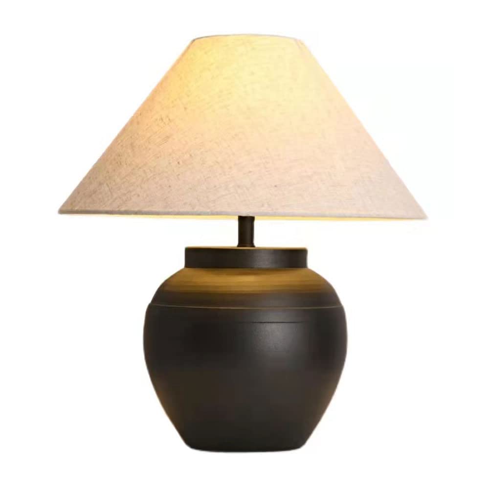 Vintage Japanese Style Table Lamp - Clay Pot Base with Fabric Drum Shade for Living Room, Bedroom, Office Desk | Retro Home Decor Lighting for Entrance, Study & Reading Nook