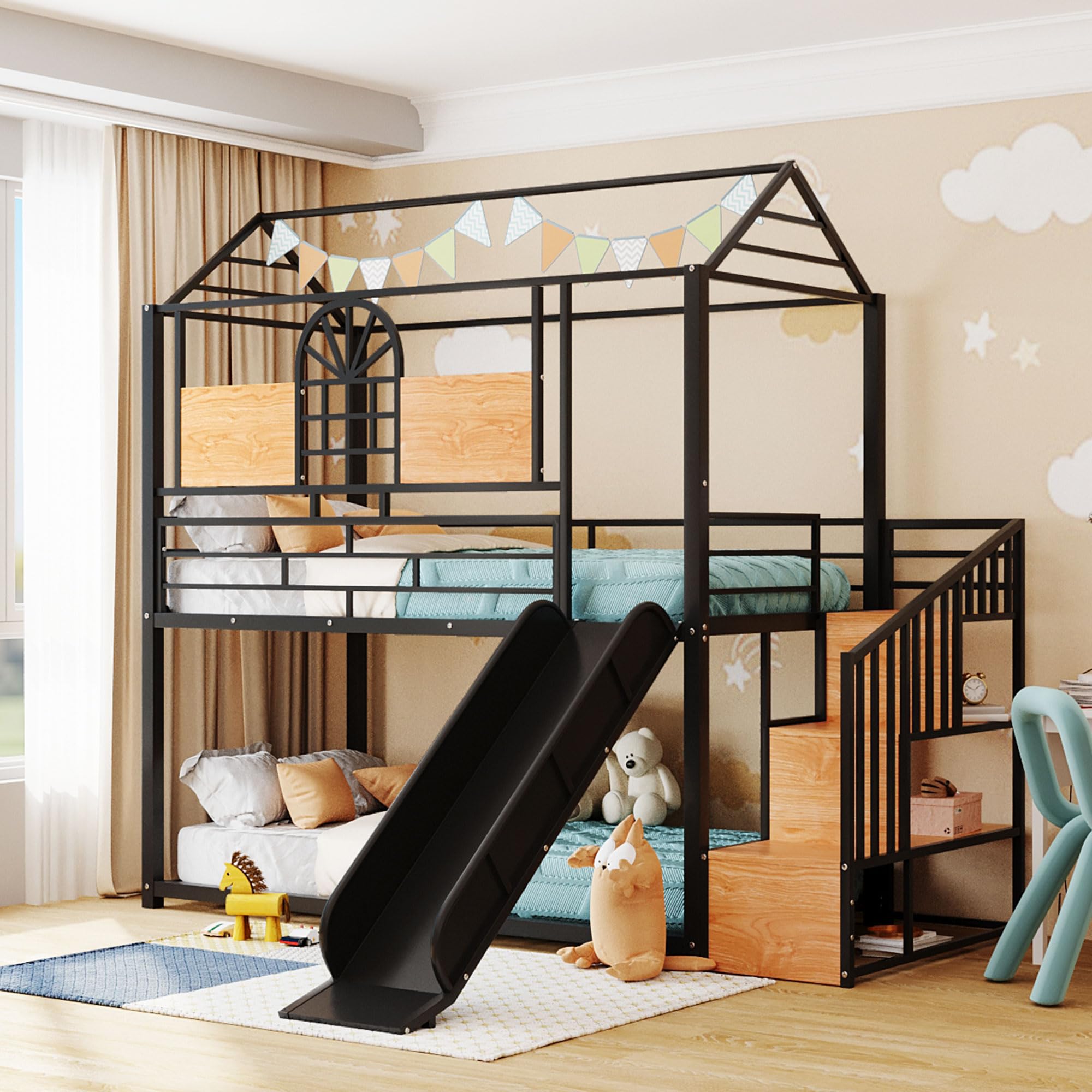 **Kids Metal Bunk Bed with Slide & Storage Stairs - Twin Over Twin House Bed with Full-Length Guardrails & Ladder - No Box Spring Needed (Black) - Perfect for Kids' Bedrooms, Playrooms & Sleepovers**