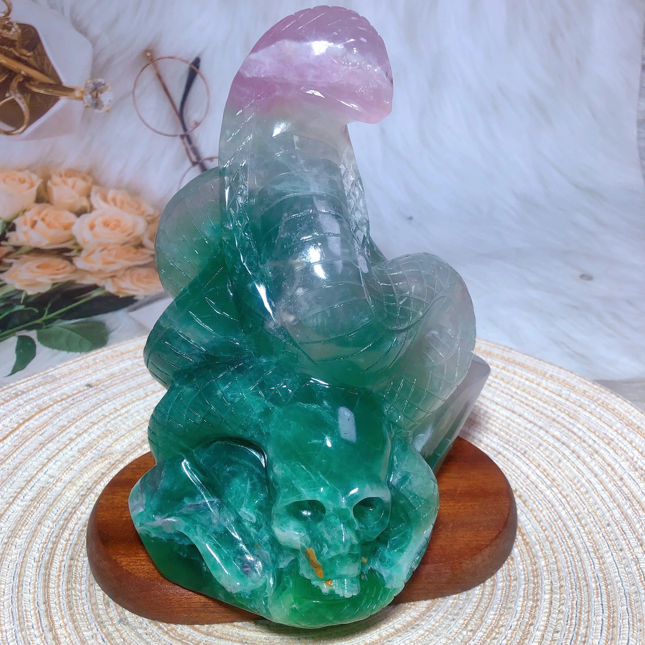 Natural Fluorite Crystal Snake Carving - Colorful Animal Mineral Gemstone for Healing, Home Decor & Spiritual Gifts | Feng Shui, Meditation & Collection Display