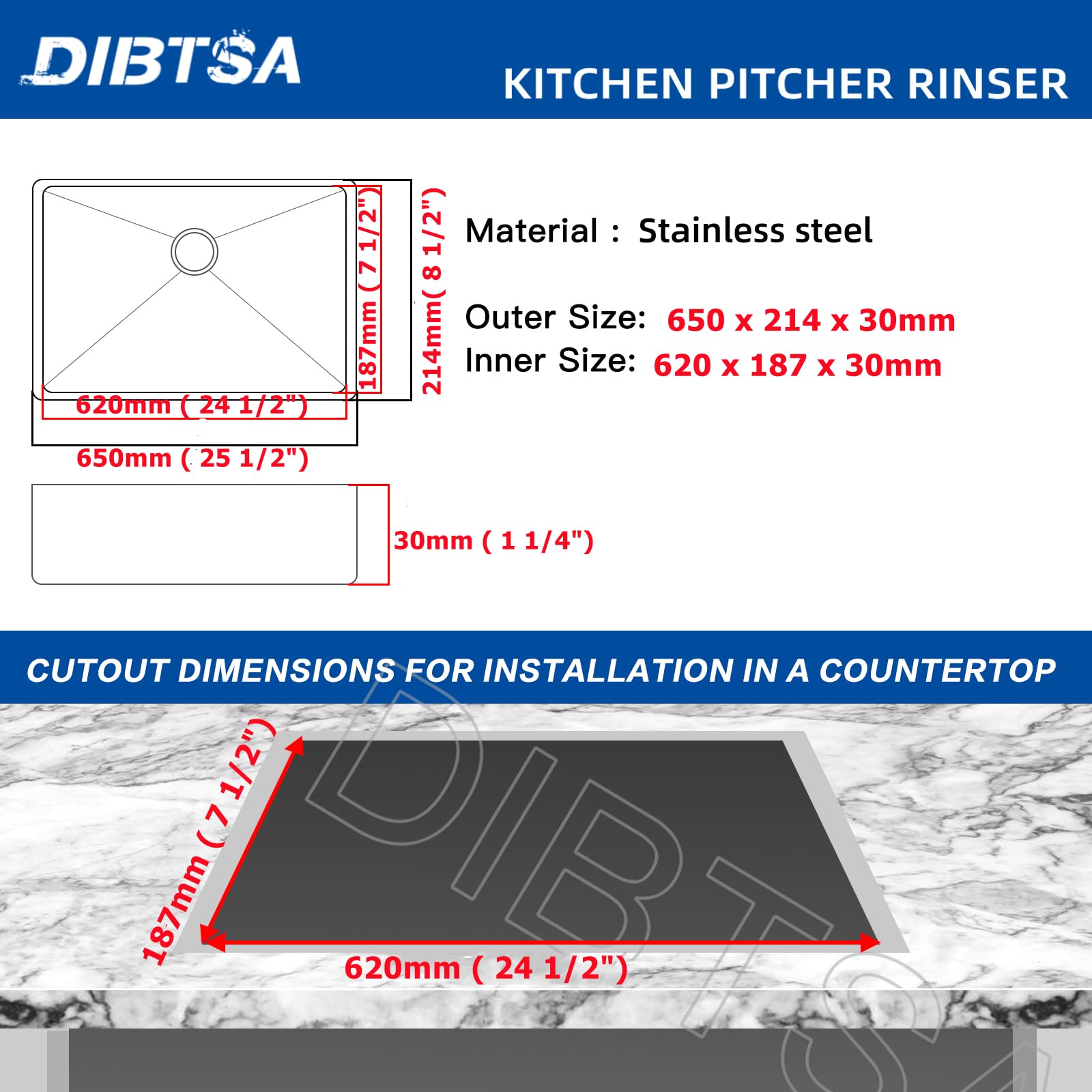 Stainless Steel Commercial Glass Pitcher Rinser - Extra Large Countertop Bar Sink (25.59 x 8.43 x 1.18 Inches) - Perfect for Bars, Restaurants & Home Bartending