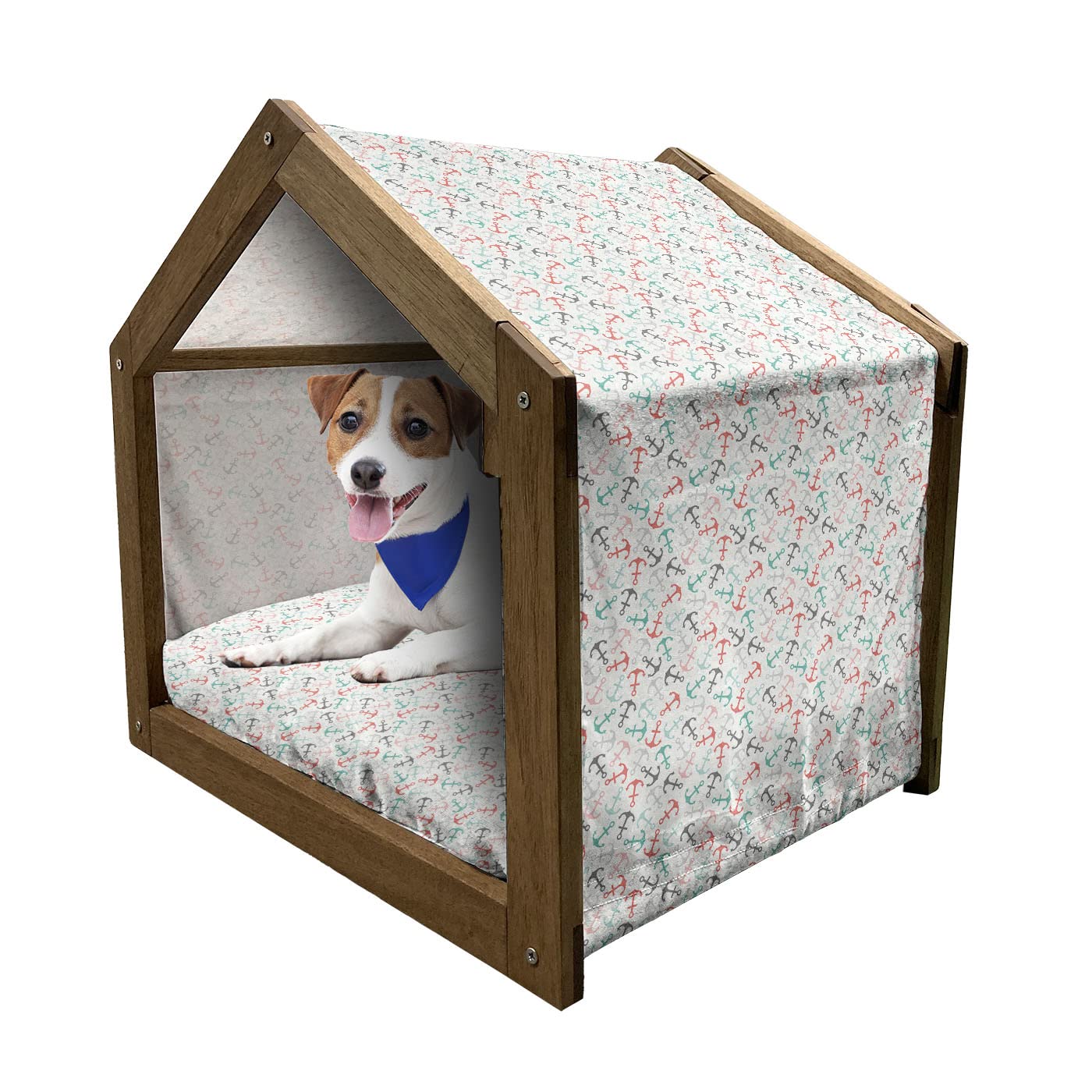 Ambesonne Nautical Anchor Wooden Pet House - Retro Yachting Theme Sailor Abstract Pattern Dog Kennel with Pillow & Cover, Large Multicolor Indoor/Outdoor Portable Dog Bed | Perfect for Beach Houses, Boat Trips & Coastal-Themed Home Decor