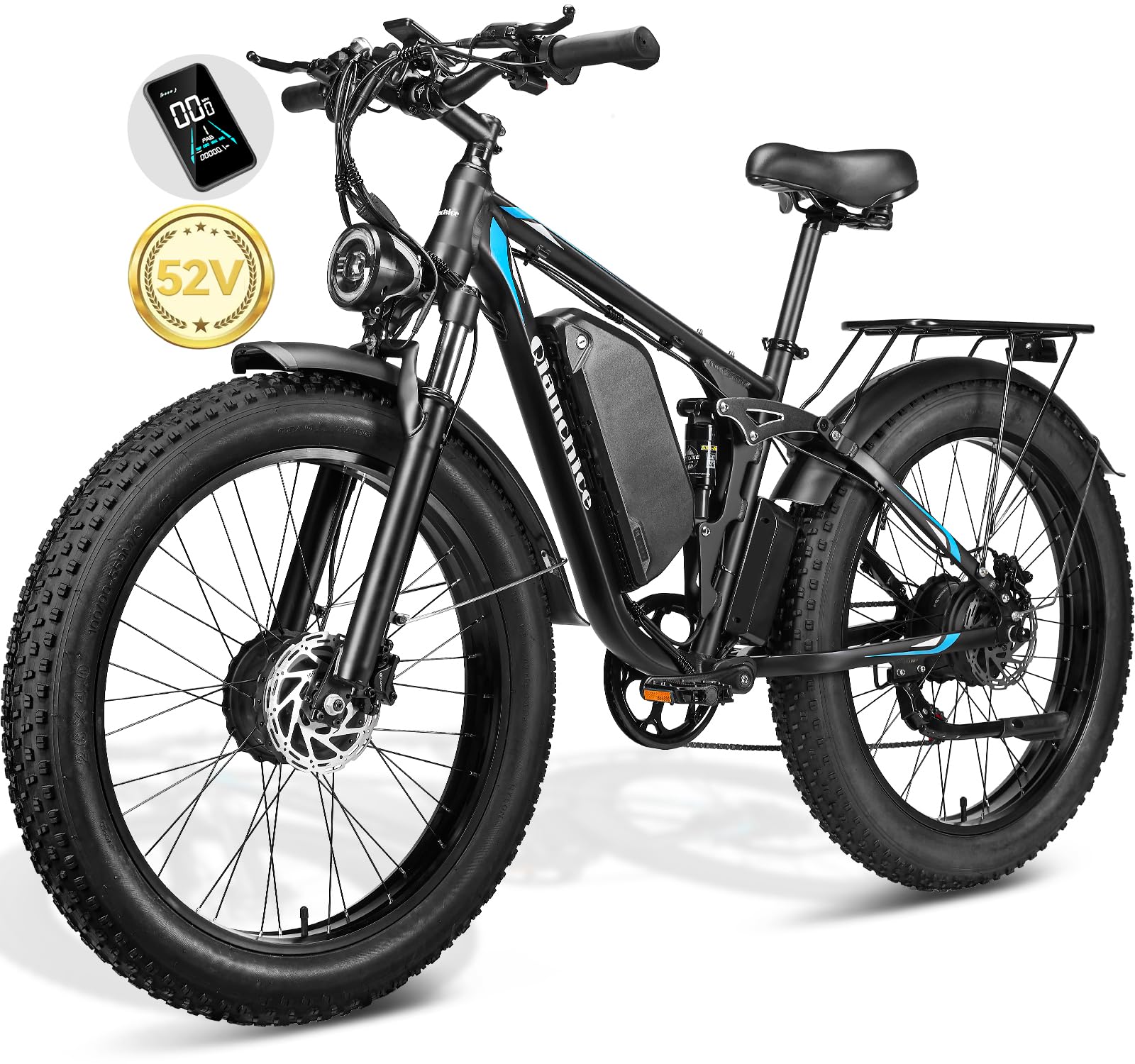 3000W Dual Motor Electric Bike for Adults - 52V 23AH Battery, 37MPH Speed & 87 Miles Range - Full Suspension & Hydraulic Disc Brakes - 26x4