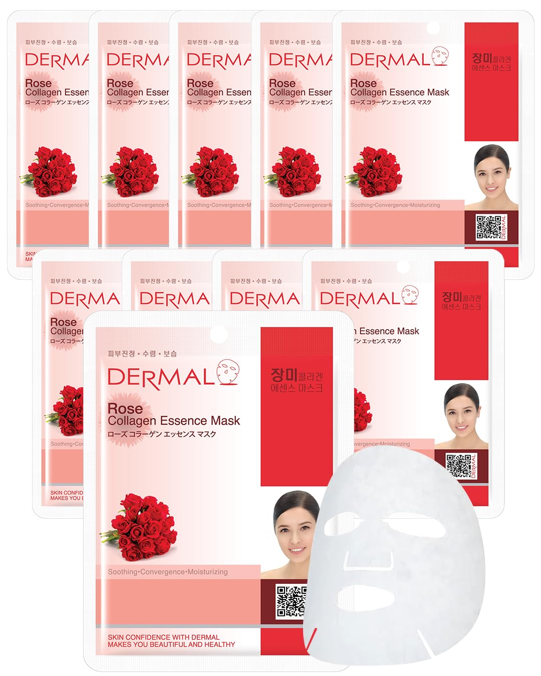 DERMAL Rose Collagen Essence Facial Mask Sheet 10 Pack - Hydrating & Soothing for Dry & Tired Skin, Anti-Aging Treatment, Korean Skincare for Daily Use at Home, Spa or Travel