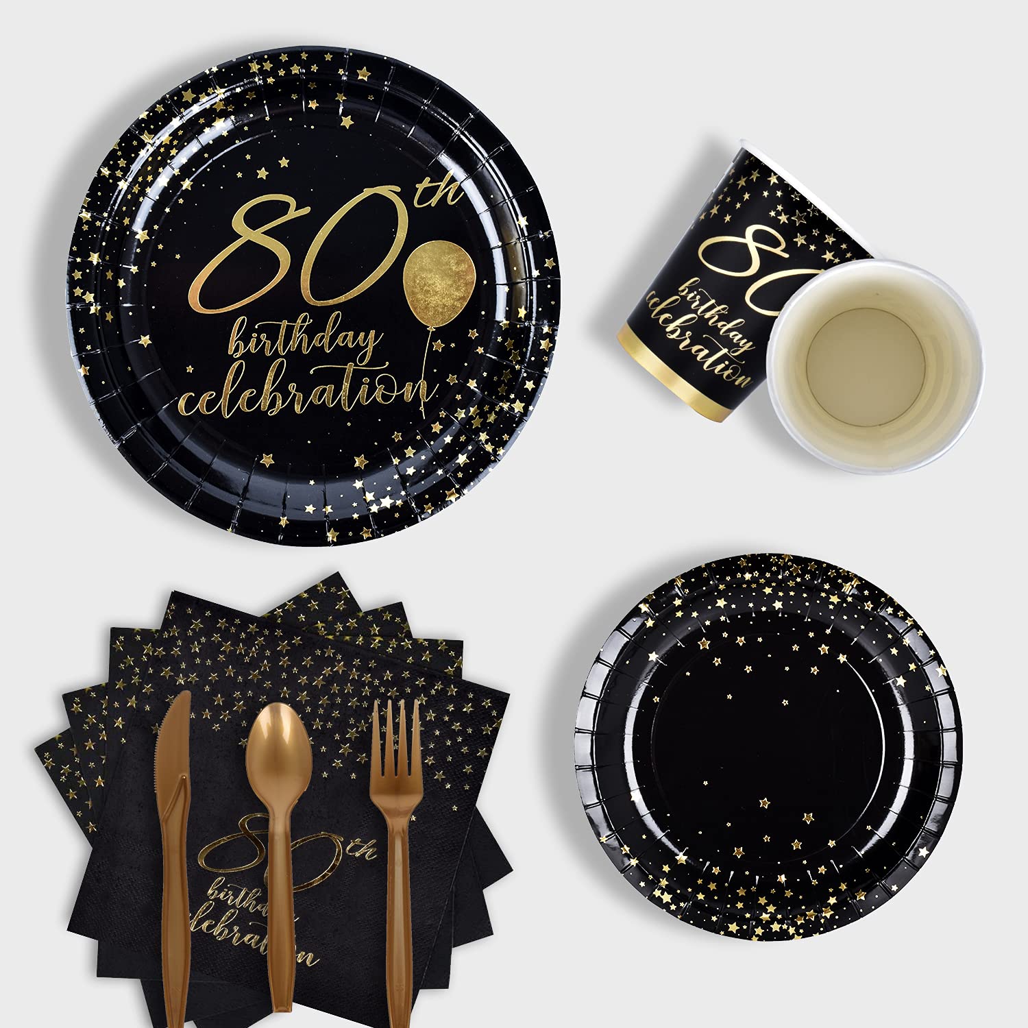 Gatherfun 80th Birthday Party Supplies Set - 25-Pack Disposable Paper Plates, Napkins, Cups, Cutlery & Tablecloth with Black & Gold Balloons & Banner Decorations for Men & Women | Perfect for Milestone Celebrations & Retirement Parties