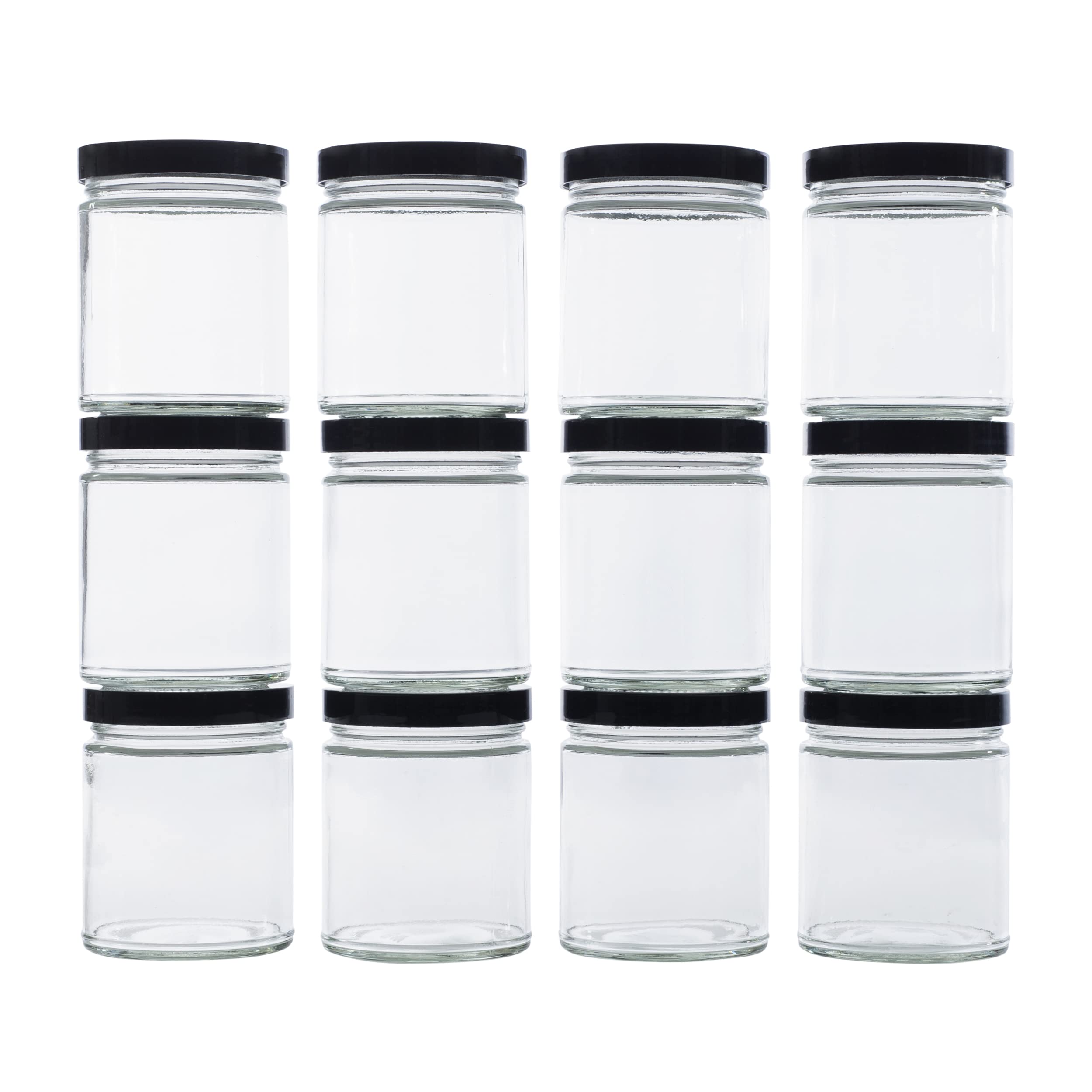 North Mountain Supply 9oz Glass Straight Sided Mason Canning Jars with 70mm Black Plastic Lids - 132 Jars & Lids (11 Cases of 12) - Perfect for Home Canning, Food Storage, DIY Crafts and Gift Packaging