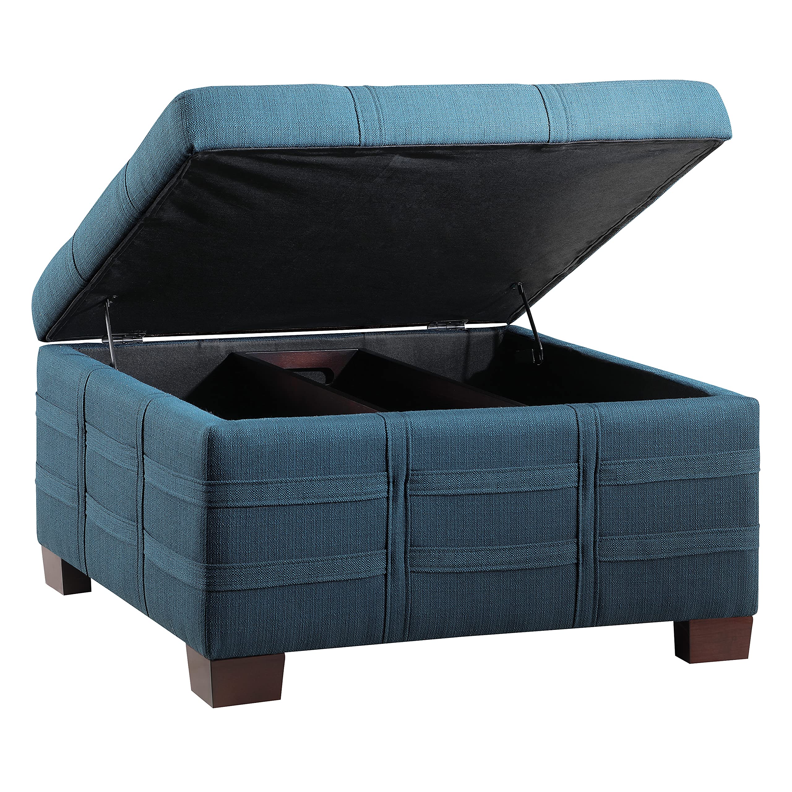 OSP Home Furnishings Detour Strap Square Storage Ottoman with Sliding Tray & Hinged Lid - Azure Fabric Upholstered Footrest Bench for Living Room, Bedroom & Home Decor