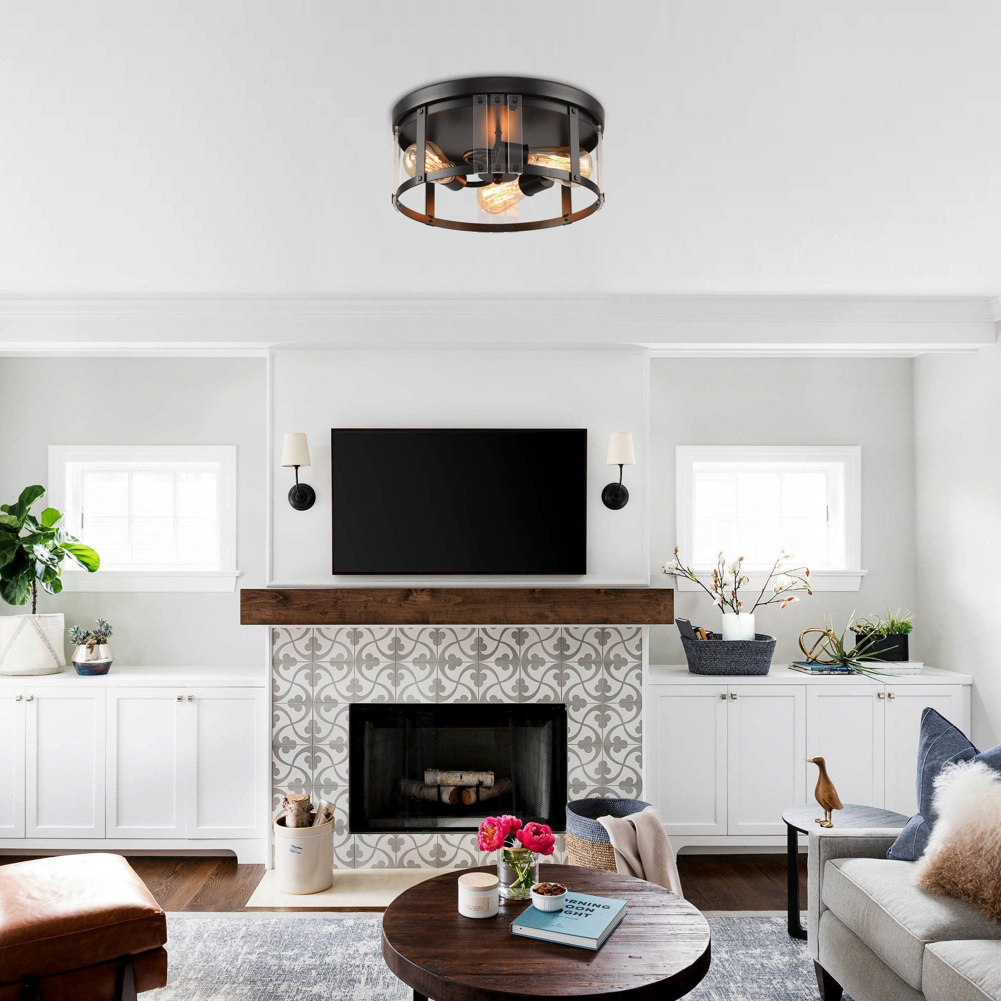 Black 3-Light Farmhouse Flush Mount Ceiling Light Fixture - Rustic Vintage Style for Kitchen, Dining Room & Bedroom Lighting