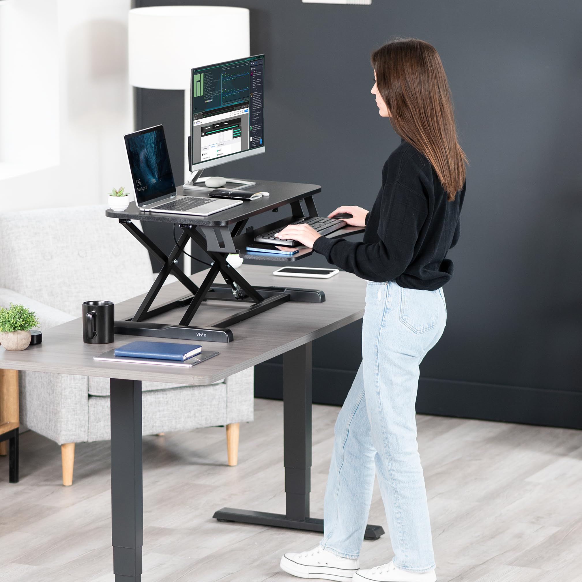 VIVO K Series 32 Inch Height Adjustable Sit Stand Desk Converter - Dual Monitor & Laptop Workstation with Wide Keyboard Tray, Black (DESK-V000K) - Perfect for Home Office, Gaming Setup & Ergonomic Workspace