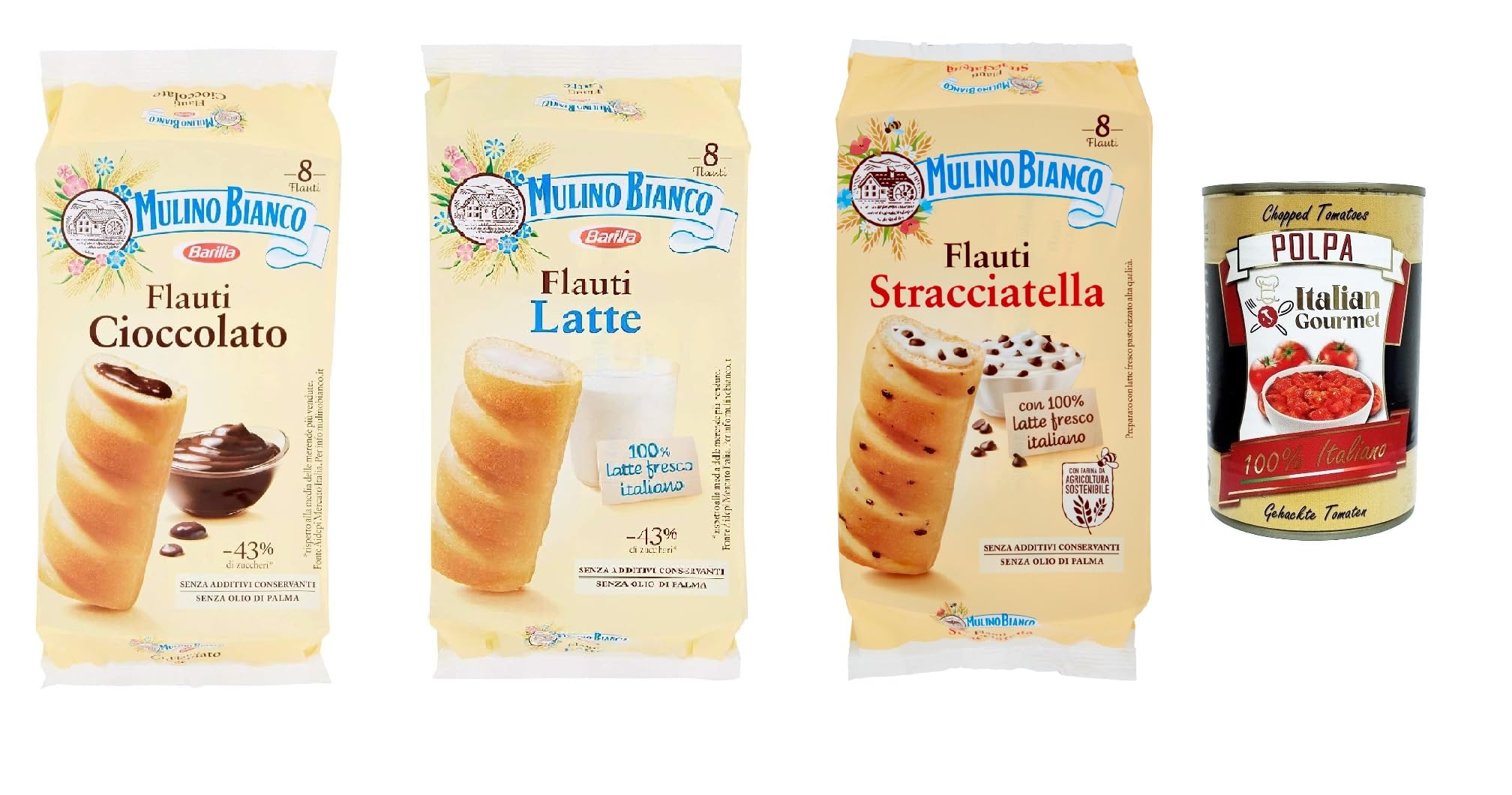Mulino Bianco Flauti Chocolate Snacks - Stracciatella & Milk Cake Italian Sweet Treats (3x 280g) + Gourmet Tomato Pulp (400g) - Perfect for Office Snacking, Afternoon Tea & Italian-Themed Parties
