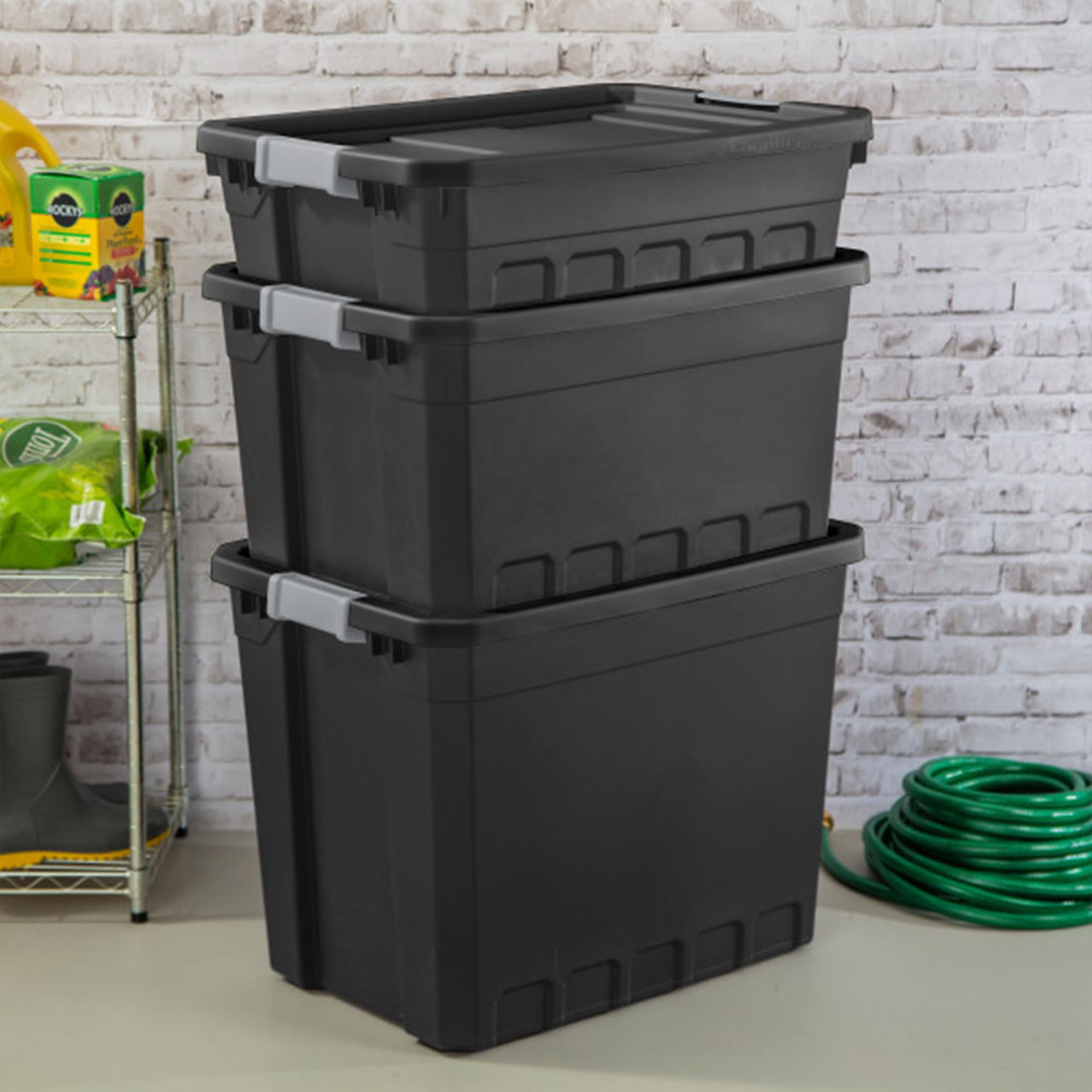 Sterilite 24-Pack 10 Gallon Black Plastic Storage Bins with Lids - Stackable Clear Containers for Home Organization, Garage, Closet & Office Supplies Storage
