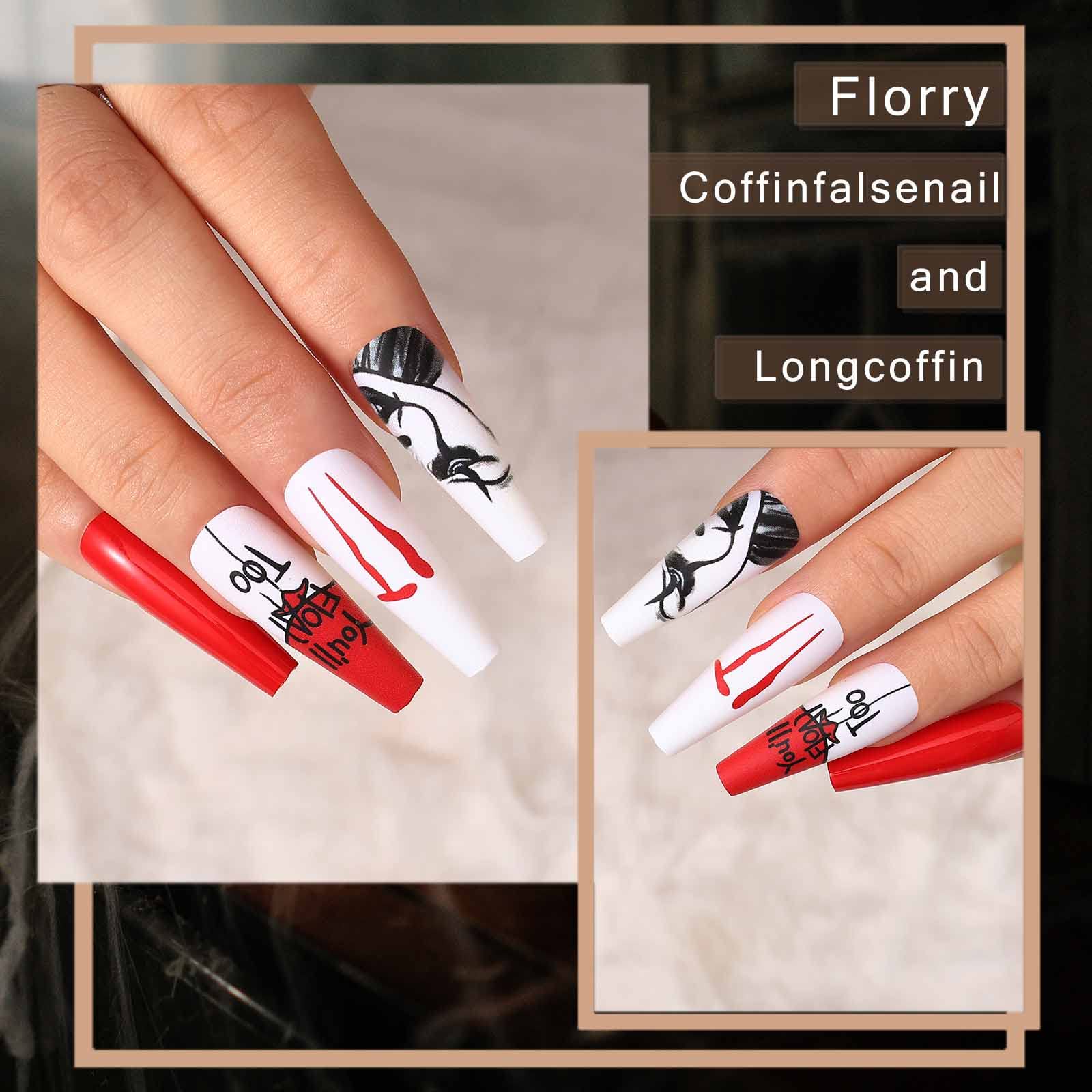 Florry Halloween Extra Long Press on Nails - Black Matte Coffin Fake Nails for Women & Girls (30Pcs Vampire Style) | Perfect for Halloween Parties, Cosplay & Gothic Fashion