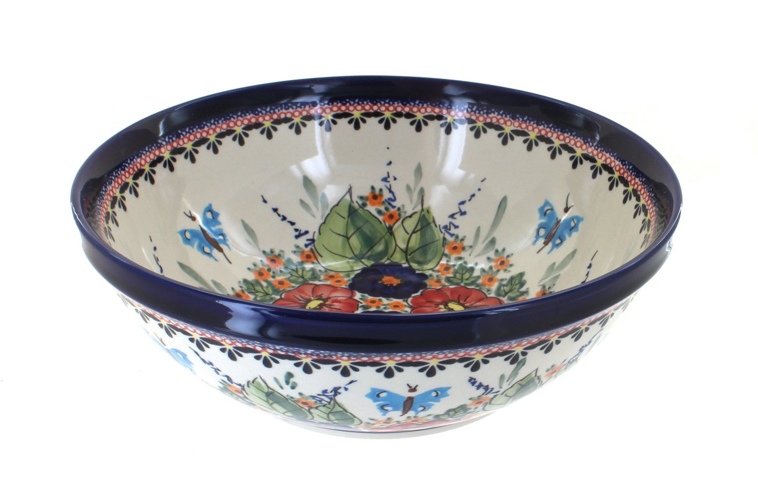 Handmade Blue Rose Polish Pottery Serving Bowl with Floral Butterfly Design - Large Ceramic Fruit Salad Bowl for Parties, Dining & Home Decor
