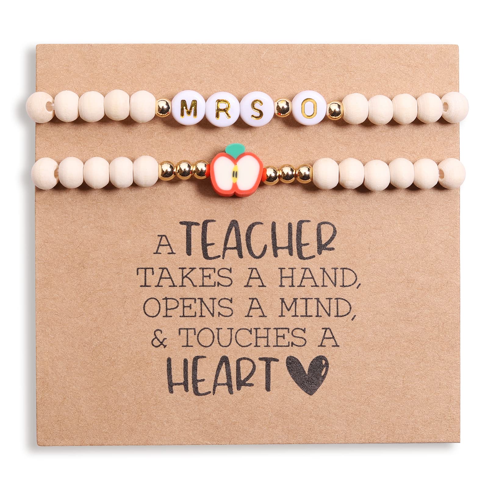 Personalized Teacher Bracelet for Women - 2 Pcs Custom Initial Bracelet Set (Mrs/Miss/Ms) - Teacher Appreciation Gifts for Educators with Thank You Card - Ideal for Teacher's Day, End of Year Gifts, Retirement & Thank You Presents from Students & Friends
