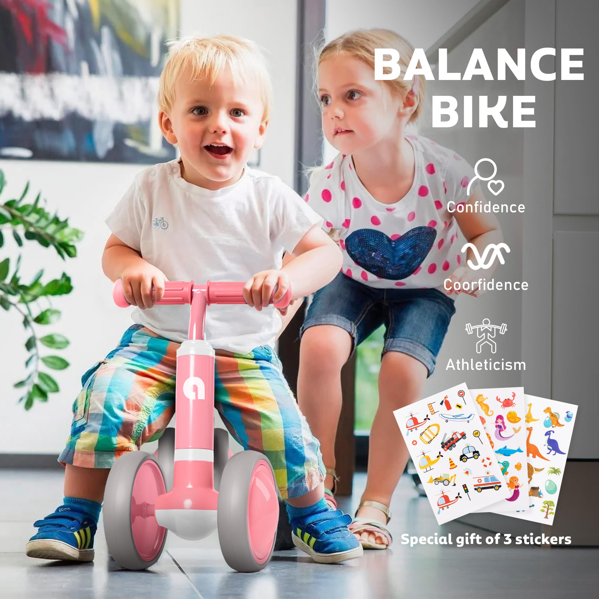 **Best Balance Bike for 1 Year Old (10-24 Months) - No Pedal 4-Wheel Toddler Bike with Cartoon Stickers | First Birthday Gift for Boys & Girls | Indoor & Outdoor Ride-On Toy for Early Learning & Play**