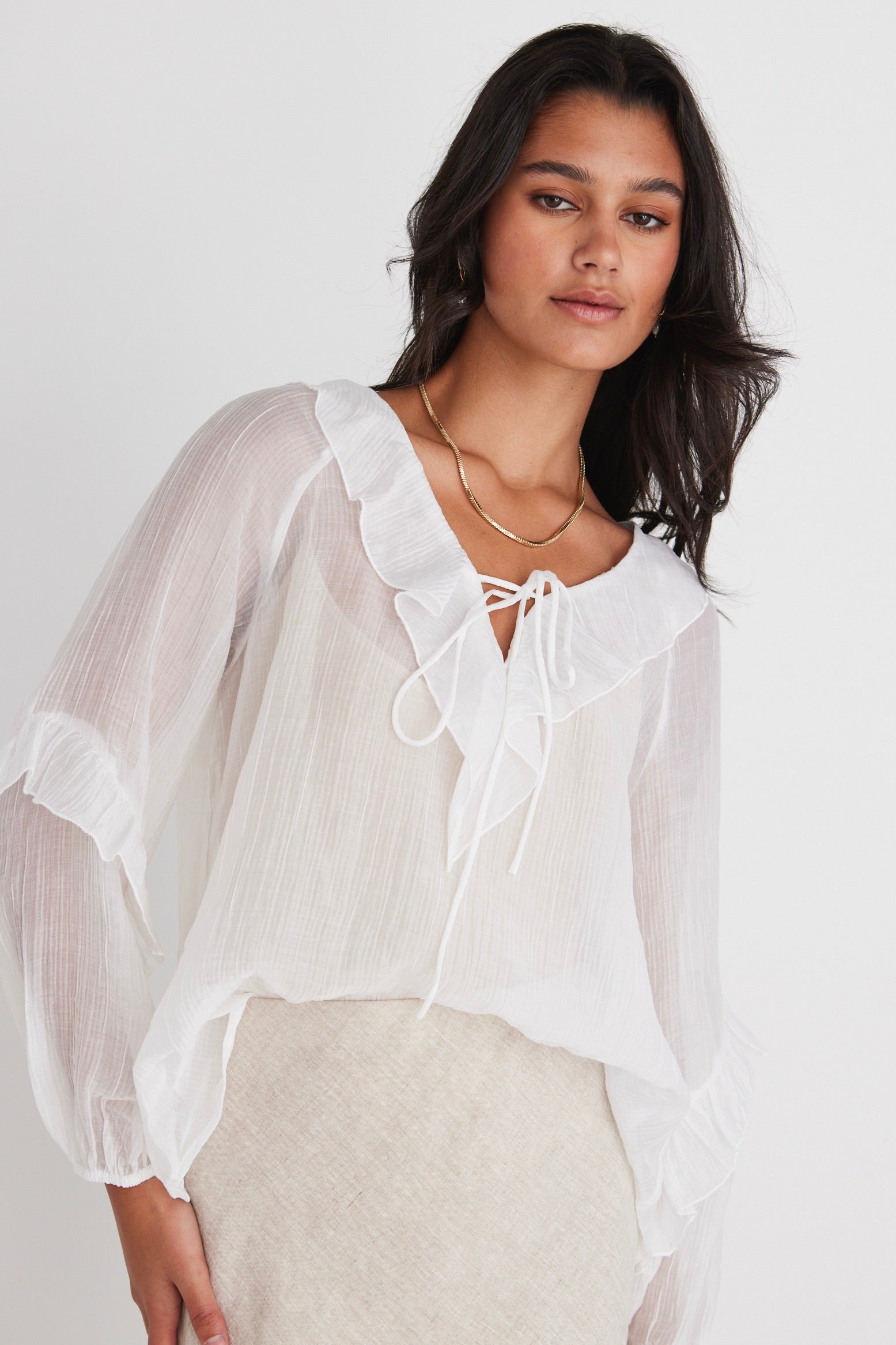 Ivory Sheer Frill Front Top for Women - Elegant Daily Wear Blouse for Casual Outings & Office Attire