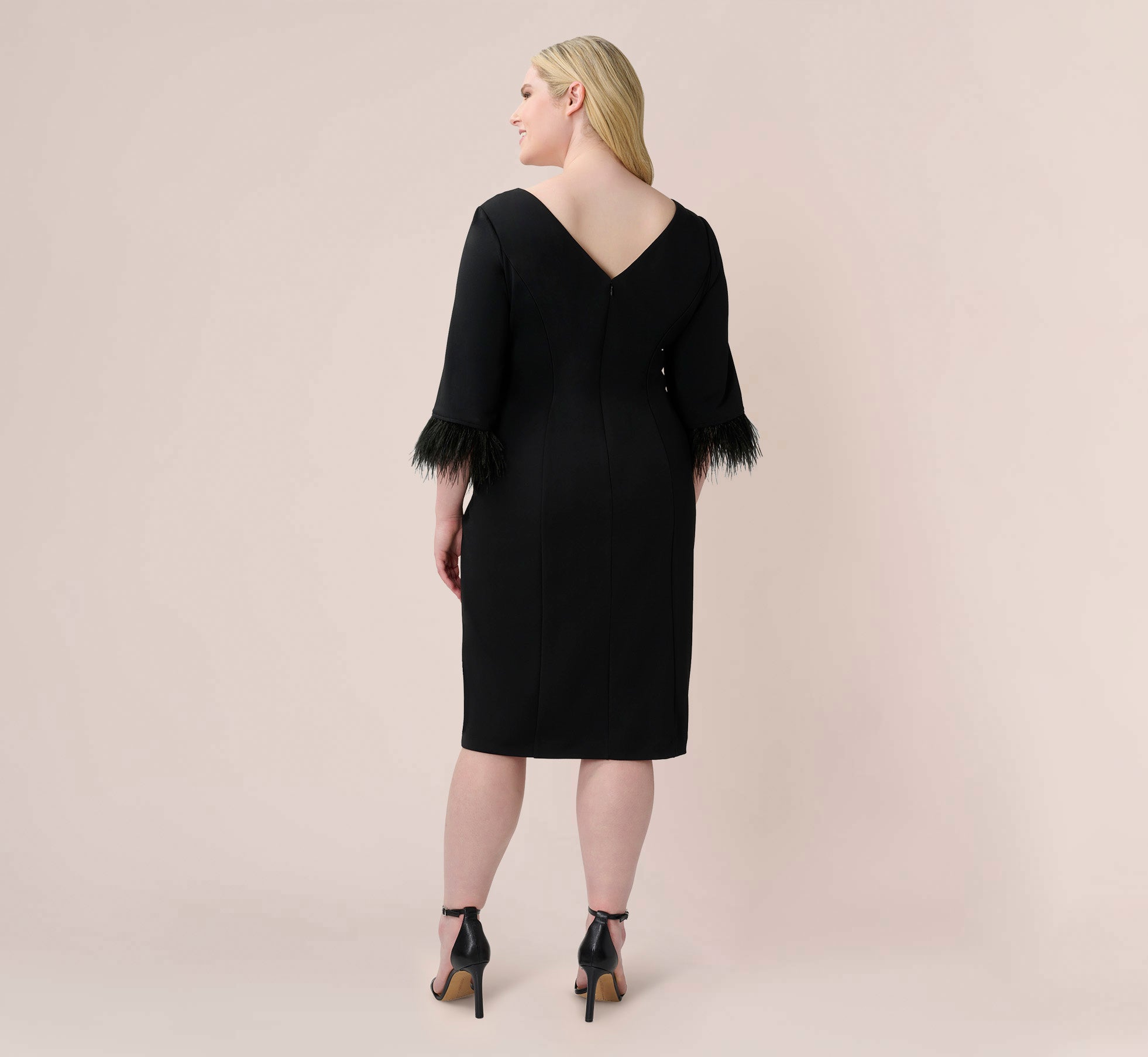 Plus Size Black Crepe Sheath Dress with V-Back & Feather Trim Sleeves - Elegant Formal Wear for Weddings, Parties & Special Occasions