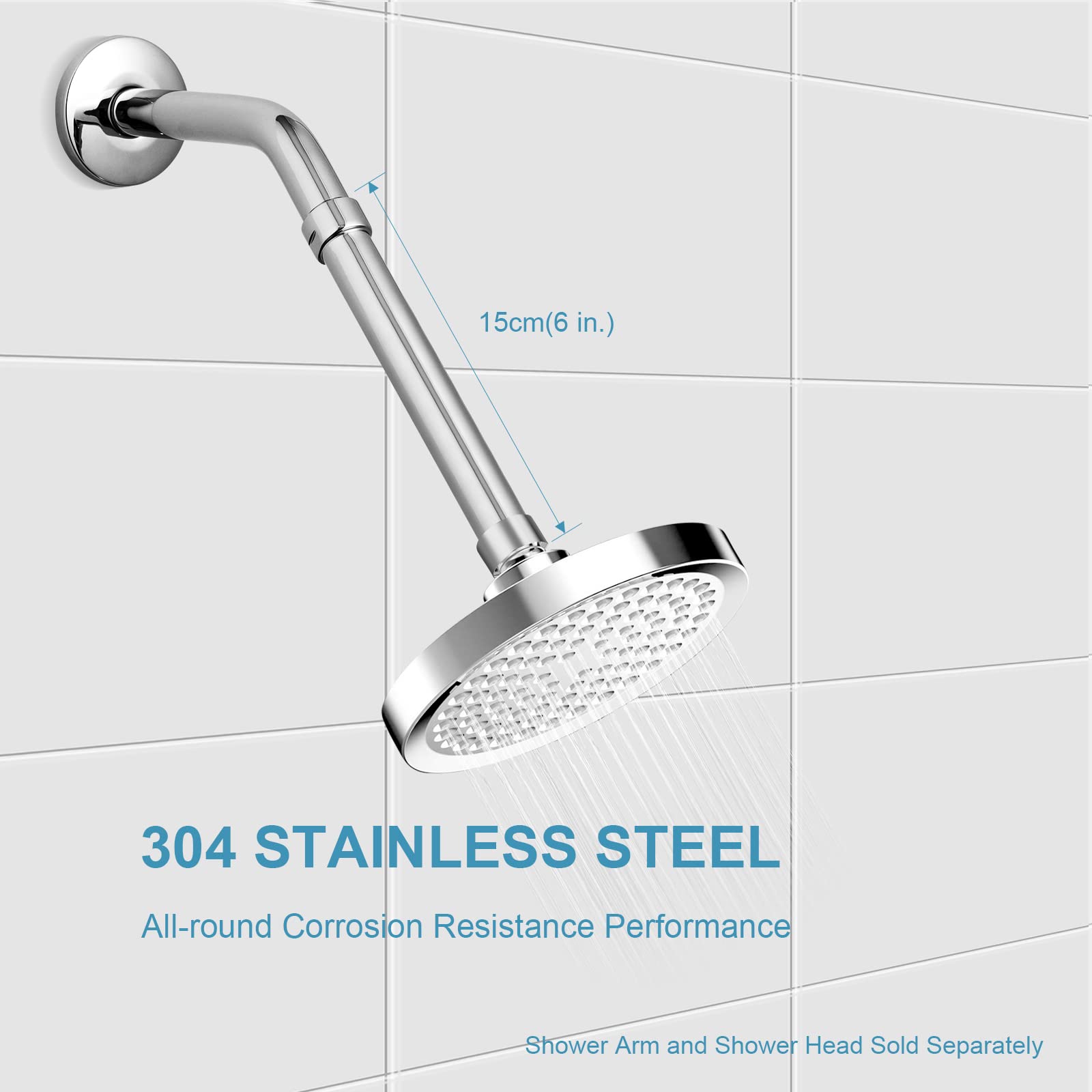 304 Stainless Steel Shower Head Extension Arm - 15cm Chrome Shower Arm for Fixed or Adjustable Shower Heads | Bathroom Upgrade for Better Water Flow & Comfort