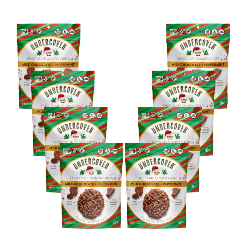 Undercover Chocolate Quinoa Crisps - Milk Chocolate & Peppermint Flavor | 8-Pack (2oz Bags) | Gluten Free, Nut-Free, Allergen Friendly, Kosher Certified | Healthy Snack for Office, Travel & Gifts