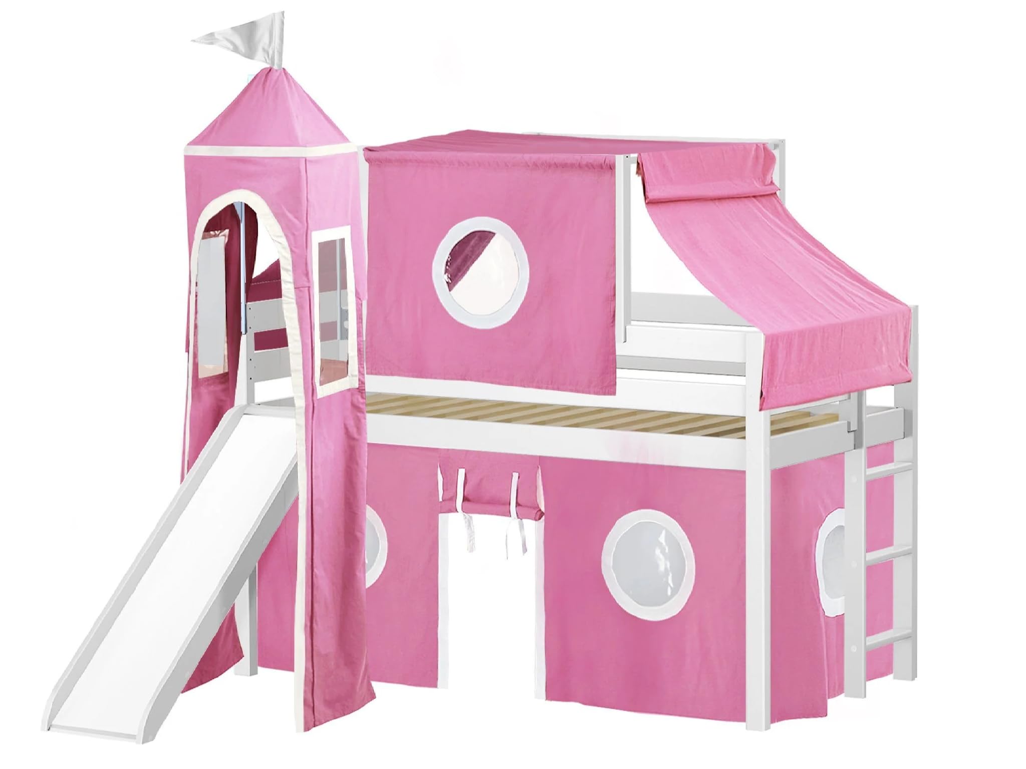 Princess Low Loft Bed with Slide - Pink & White Twin Size Tent & Tower Playhouse - Perfect for Kids' Bedroom & Playroom Decor