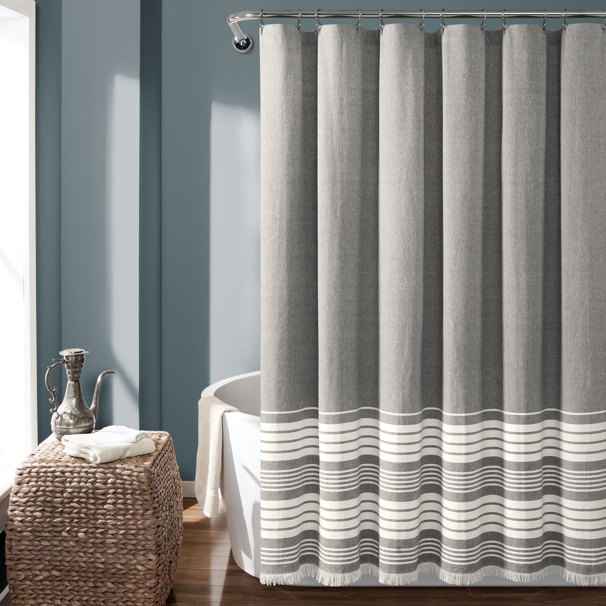 Nantucket Yarn Dyed Tassel Fringe Shower Curtain - Coastal Bathroom Decor for Beach House, Farmhouse & Boho Style