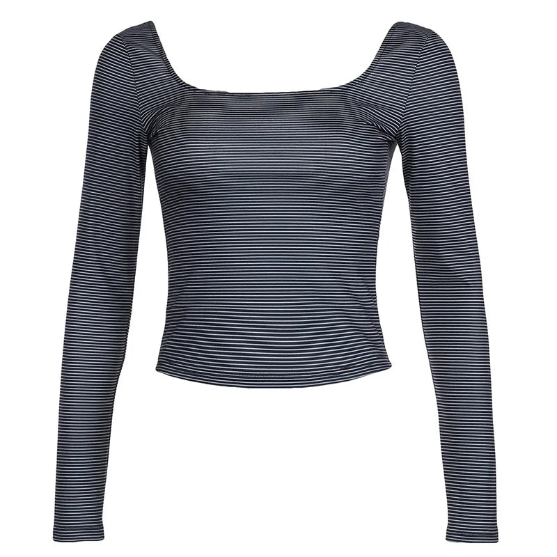 Black and White Striped Square Neck Backless Long Sleeve T-Shirt for Women | Y2K 2000s Vintage Fashion | Fall 2024 Trendy Top | Perfect for Casual Outings, Parties, and Retro Fashion Looks