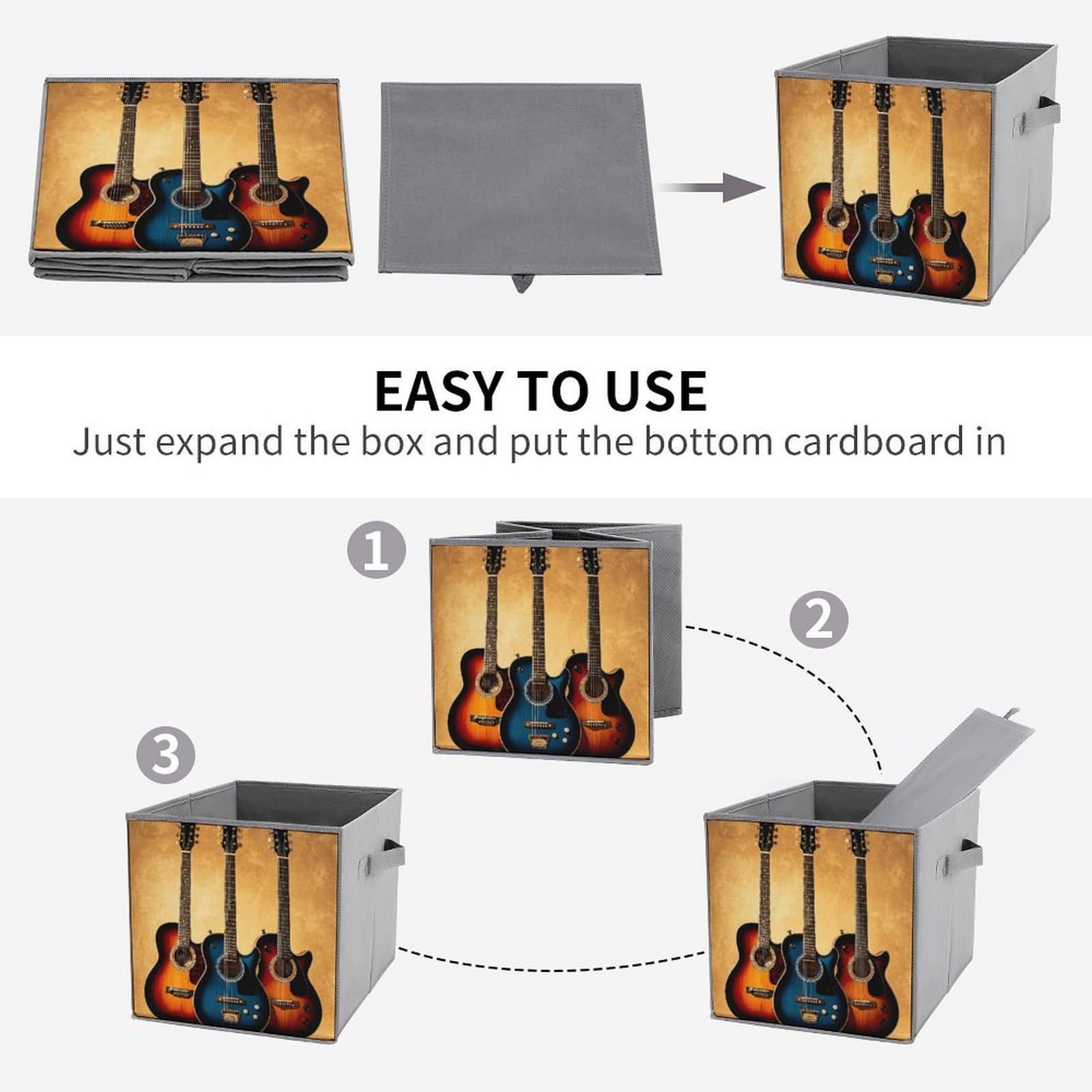6-Piece Collapsible Storage Bins with Handles - Printed Guitar Design Multi-Purpose Organizer for Shelves, Closet, Bathroom & Home Organization - Foldable Storage Boxes for Easy Space Saving