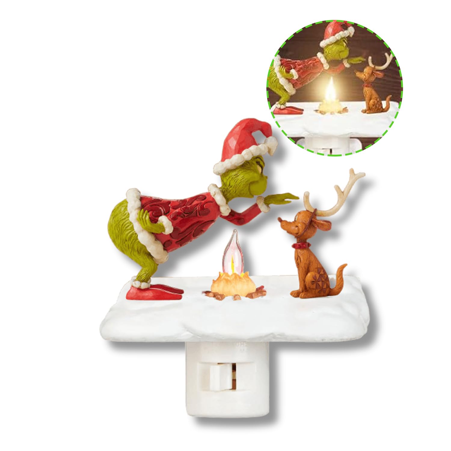 Griin-ch Christmas Decorations - Ghost Campfire Flickering Nightlight with Griin-ch and Dog Ornaments, Plug-in Wall Christmas Lights for Bedroom, Party, Living Room & Hallway | Holiday Home Decor & Cozy Ambiance Lighting