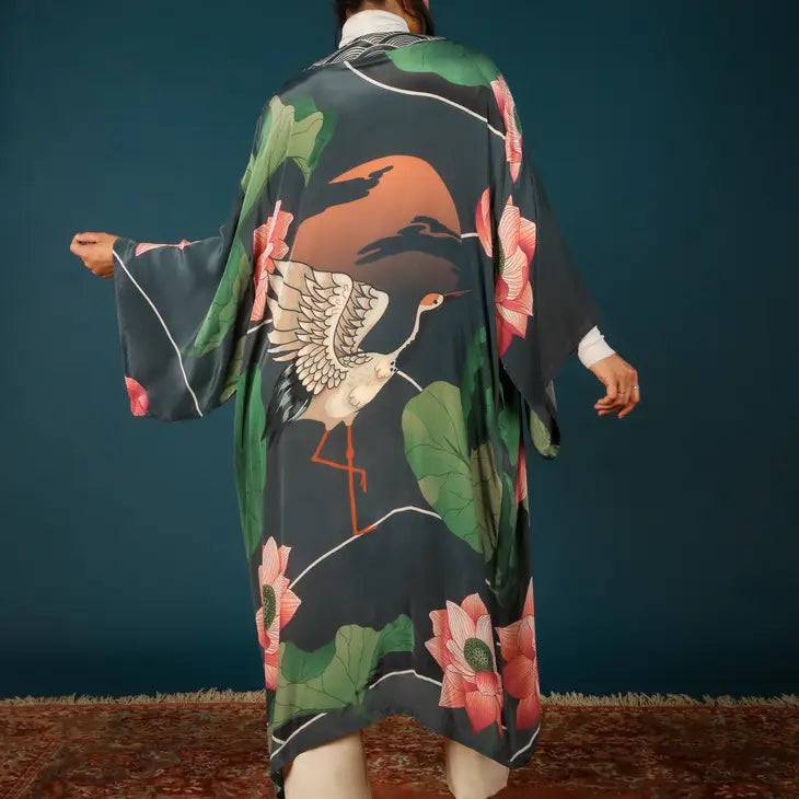 Elegant Crane At Sunrise Kimono Gown - Japanese Inspired Floral Robe for Women - Perfect for Spa Days, Yoga, and Relaxation at Home