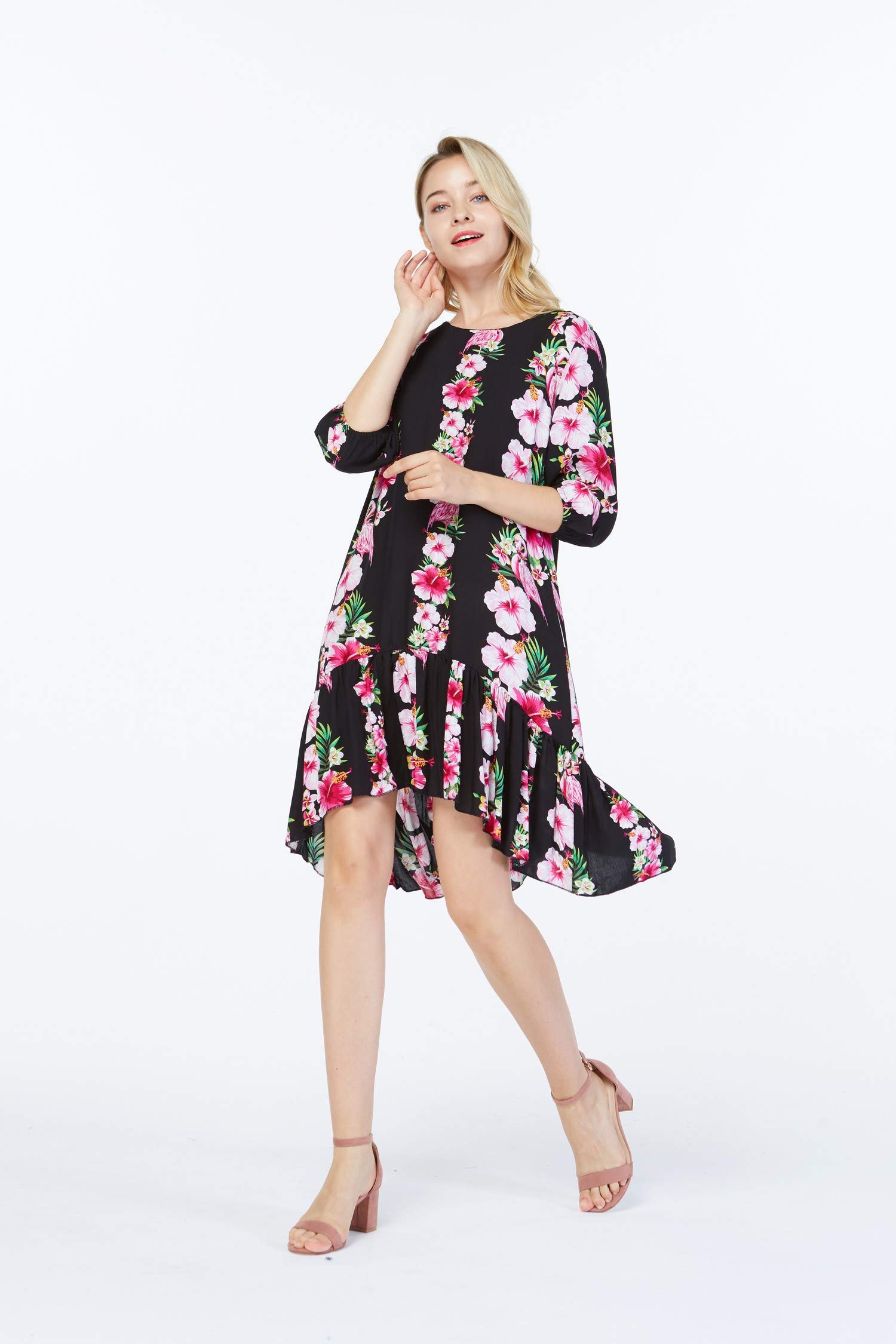 Women's Hawaiian 3/4 Sleeve Mermaid Ruffle Tunic Dress - Pink Hibiscus Print Floral Beach Dress for Summer Vacation & Tropical Party Wear