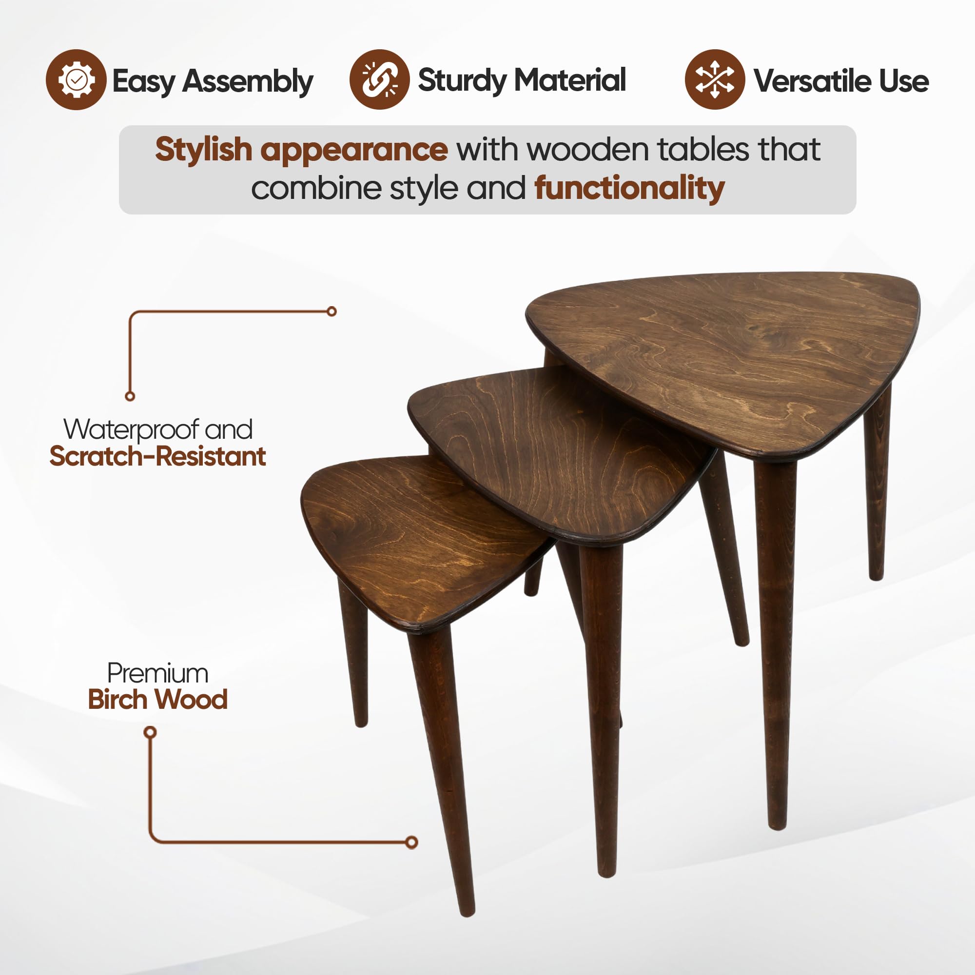 Solid Nesting Table Set of 3 - Mid Century Modern Birch Wood Coffee Tables with Tapered Legs, Handmade Farmhouse Side Tables for Living Room, Bedroom & Office - Portable Triangle Nesting Tables for Small Spaces