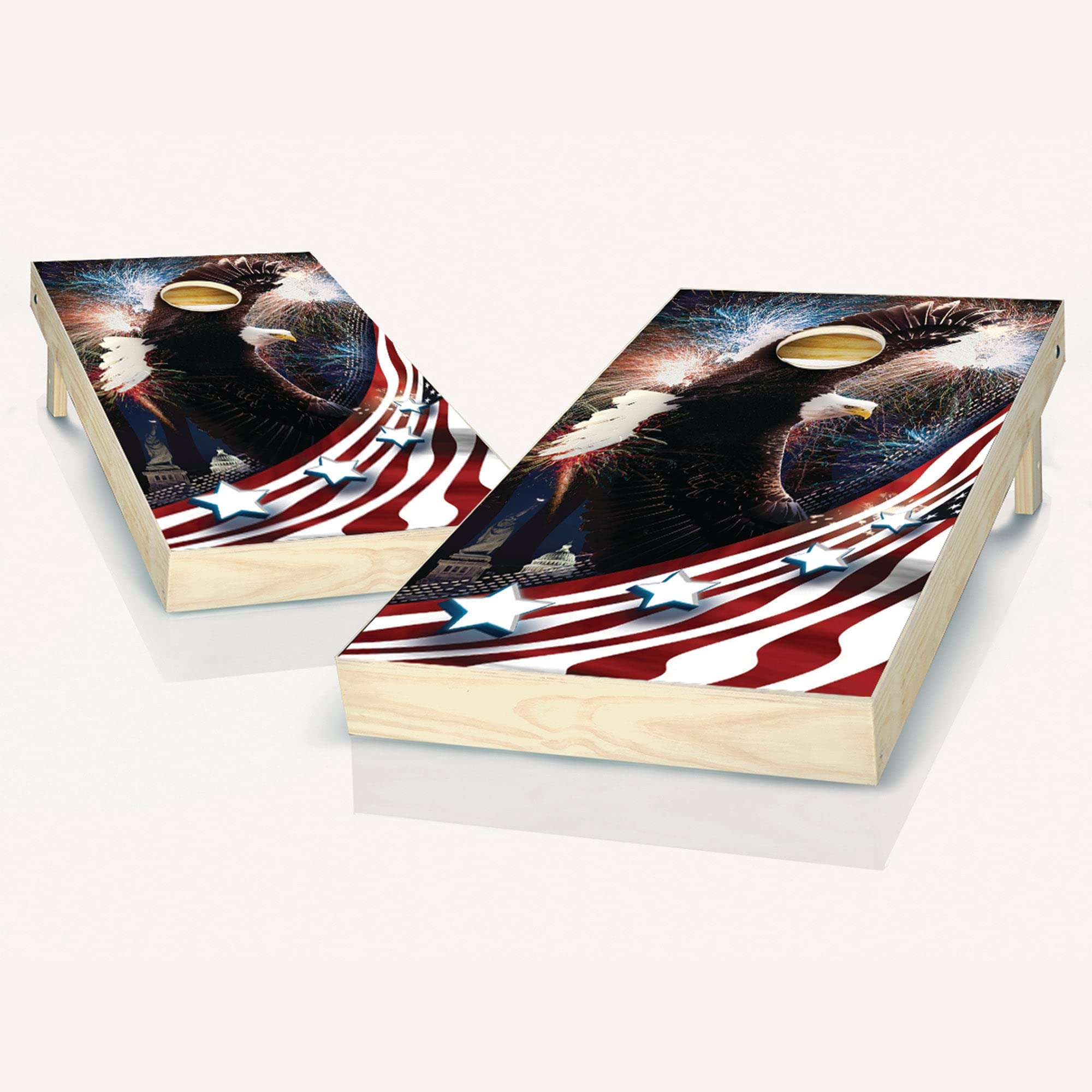 Bald Eagle Fireworks Cornhole Game Set - 2 Wooden Boards & 8 Bean Bags for Outdoor Parties, Tailgating, and Backyard Fun