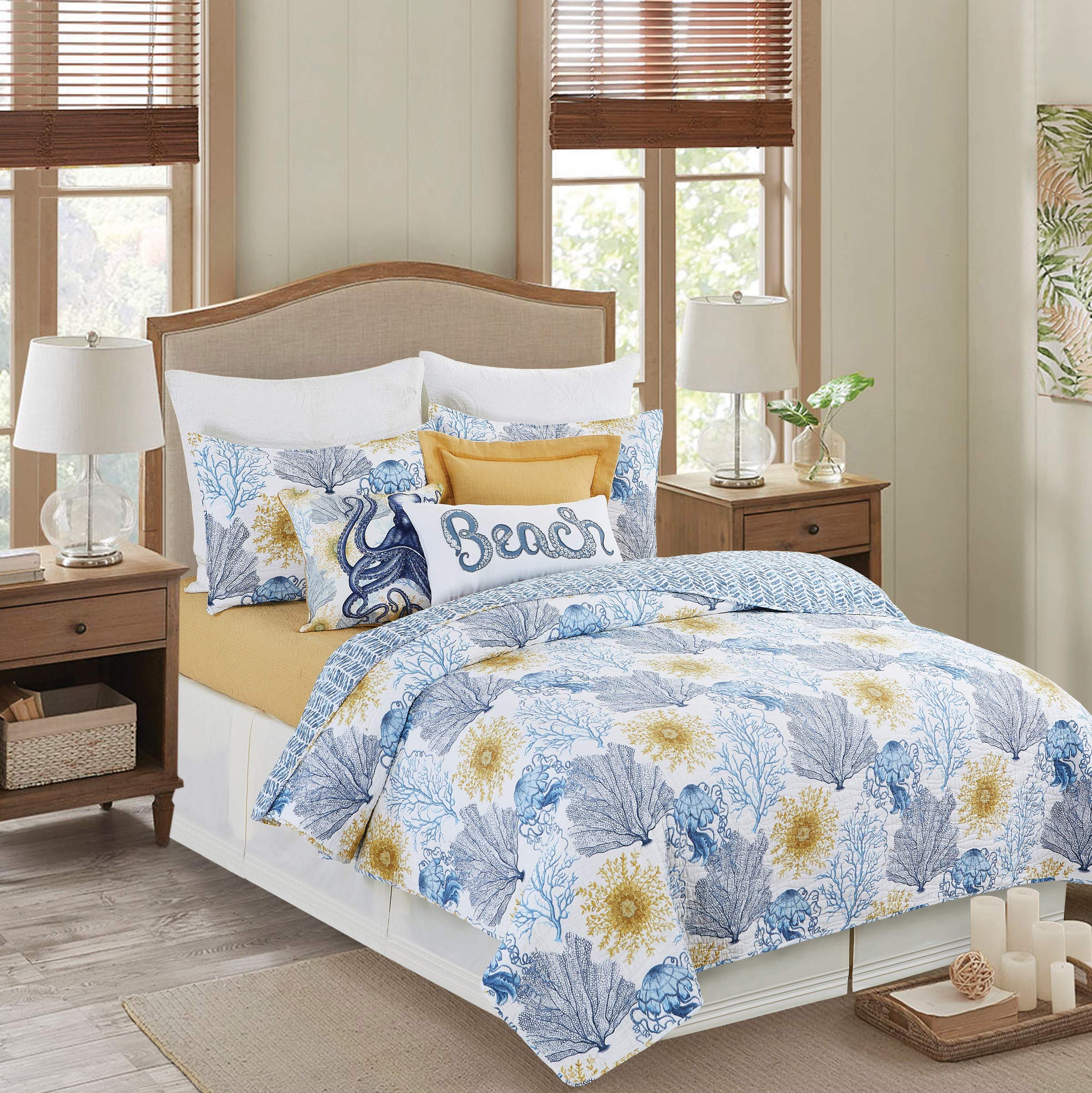 C&F Home Monterey Mist 3-Piece Quilt Set - Full/Queen Size with White, Blue & Gold Coral Pattern, Includes Quilt & Shams | Coastal Bedroom Decor, Guest Room Luxury Bedding