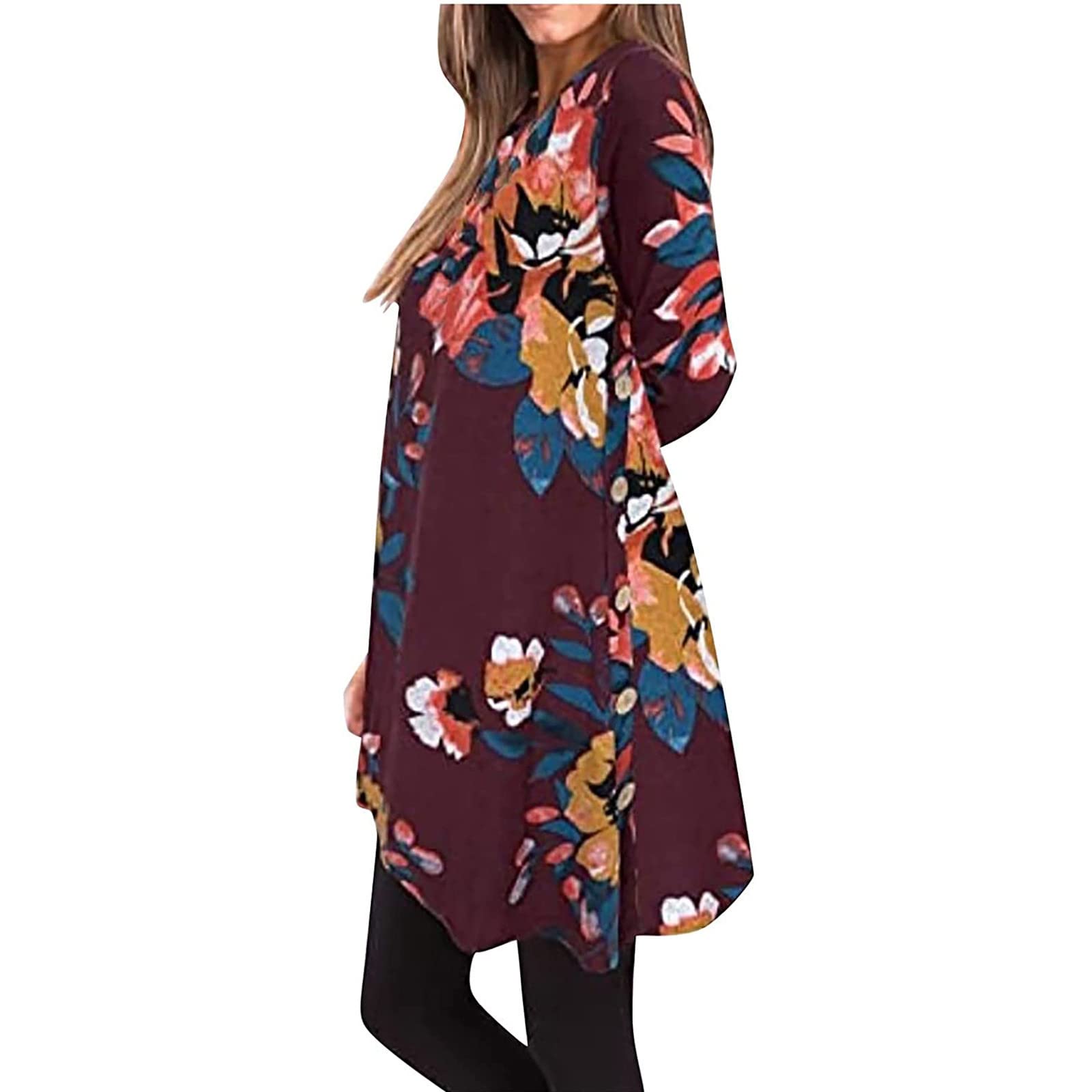 FAVIPT Women's Scoop Neck Plaid Long Sleeve Tunic Dress - Color Block Button Side Asymmetrical Shirt Dress | Soft Casual Wear for Office, Date Night & Fall Outfits