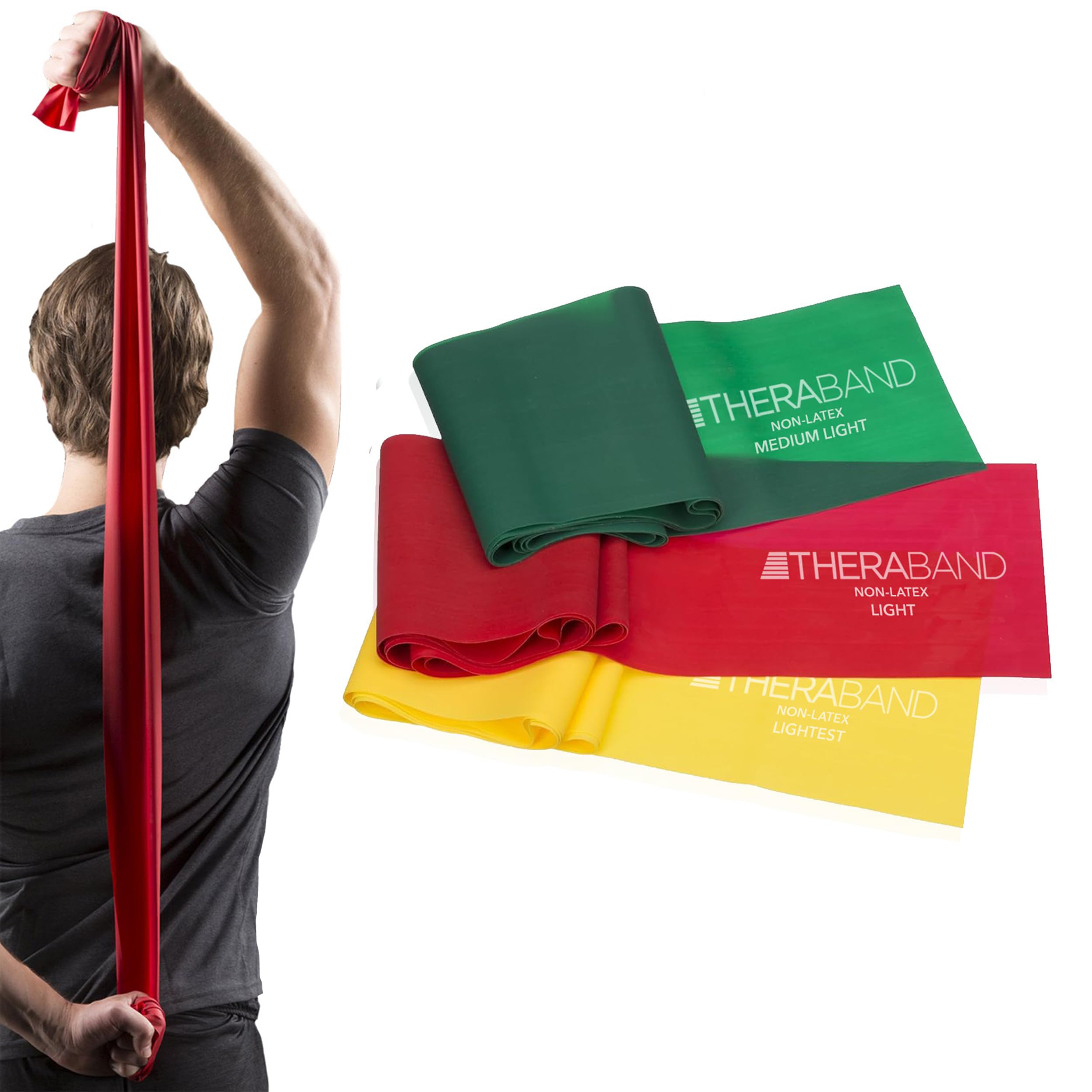THERABAND Resistance Bands Set - Professional Elastic Exercise Bands for Upper & Lower Body Workouts, Strength Training Without Weights, Physical Therapy, Pilates, and Rehabilitation (Yellow, Red, Green) - Perfect for Home Gym, Yoga, and Beginner Fitness Routines