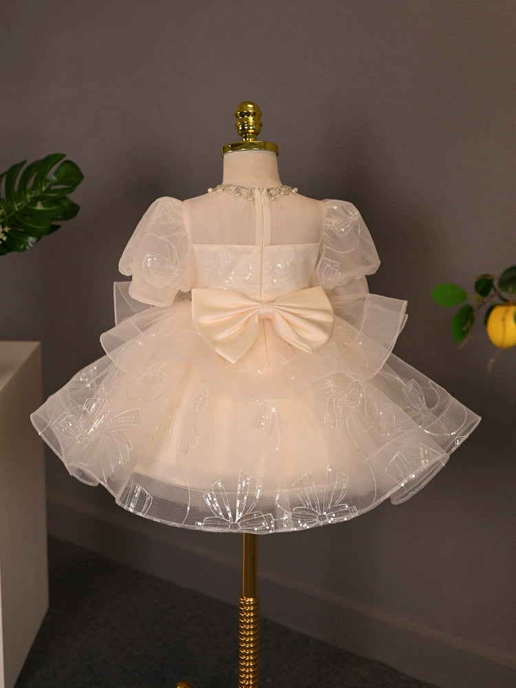 Champagne Princess Sweetheart Tea-Length Tulle Flower Girl Dress for Weddings, Baptisms & Special Occasions