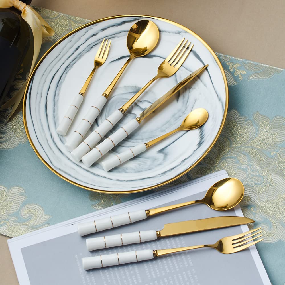 32-Piece RIS LAN Silverware Set - Ceramic Titanium Gold Plated Stainless Steel Flatware Cutlery Set for 8 (Knives, Spoons, Forks) - Bamboo Handle Design, Mirror Polished & Dishwasher Safe - Perfect for Home Dining, Dinner Parties & Everyday Use