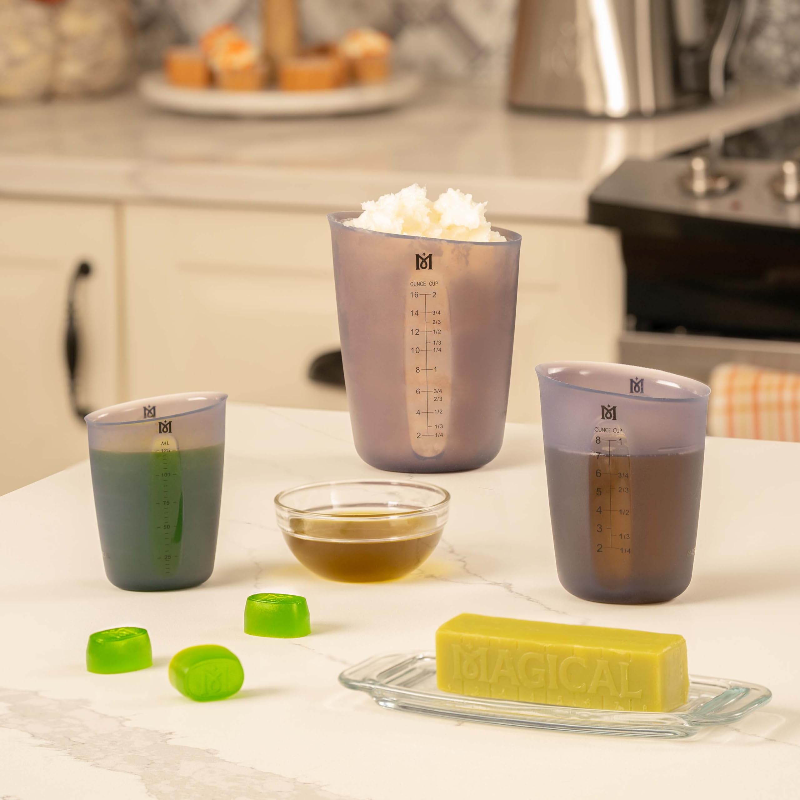 Magical Butter Measuring Cups Set - 3-Piece Silicone Measuring Cups with Accurate Markings, Dishwasher Safe - Perfect for Baking Cookies, Chocolate, Gummy Mixtures & Pouring into Molds - Ideal for Home Bakers & Candy Makers