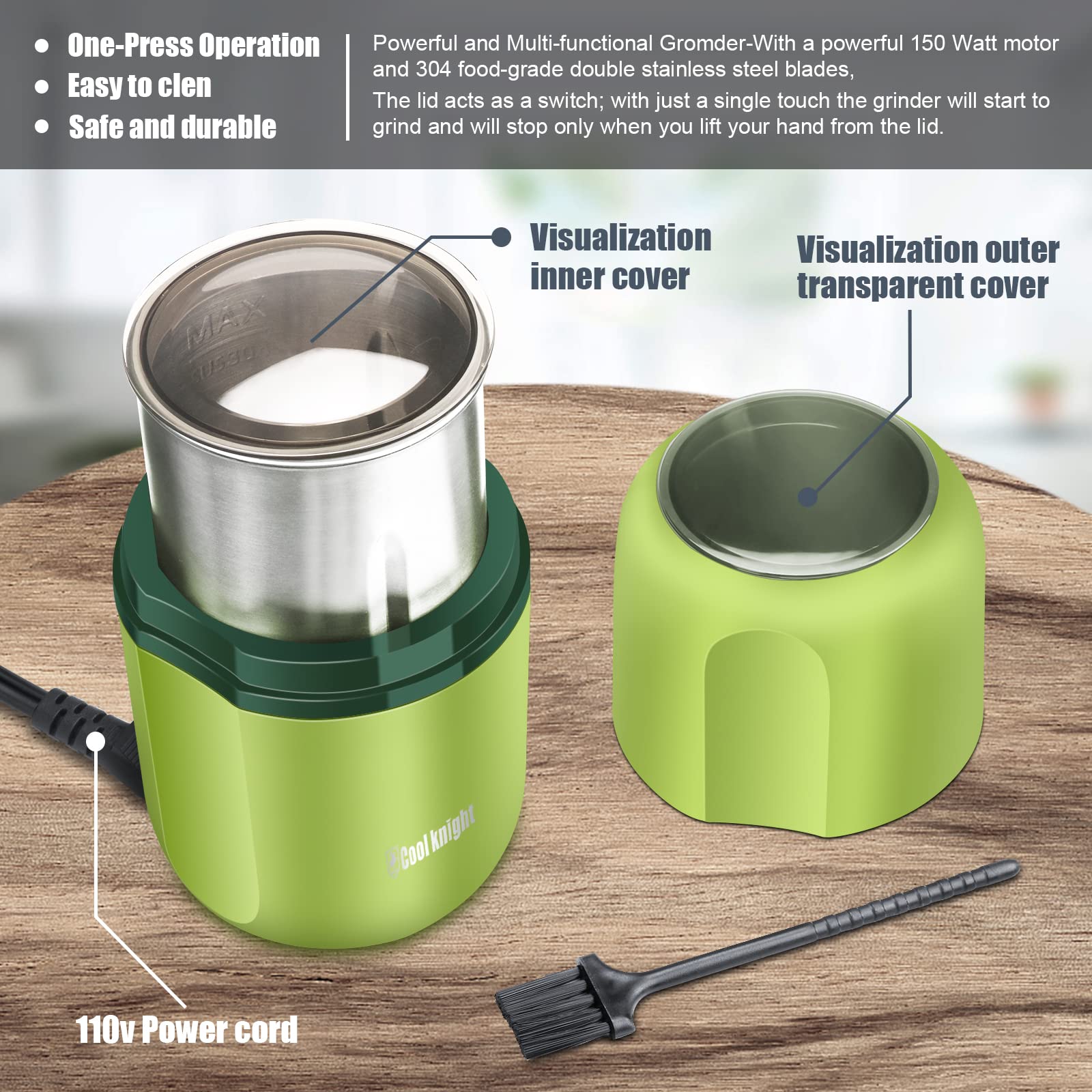 COOL KNIGHT Electric Herb Grinder - Large Capacity Fast Grinding for Spices, Herbs & Coffee with Pollen Catcher - 7.5 Inch Green - Perfect for Kitchen, Camping & Travel Use