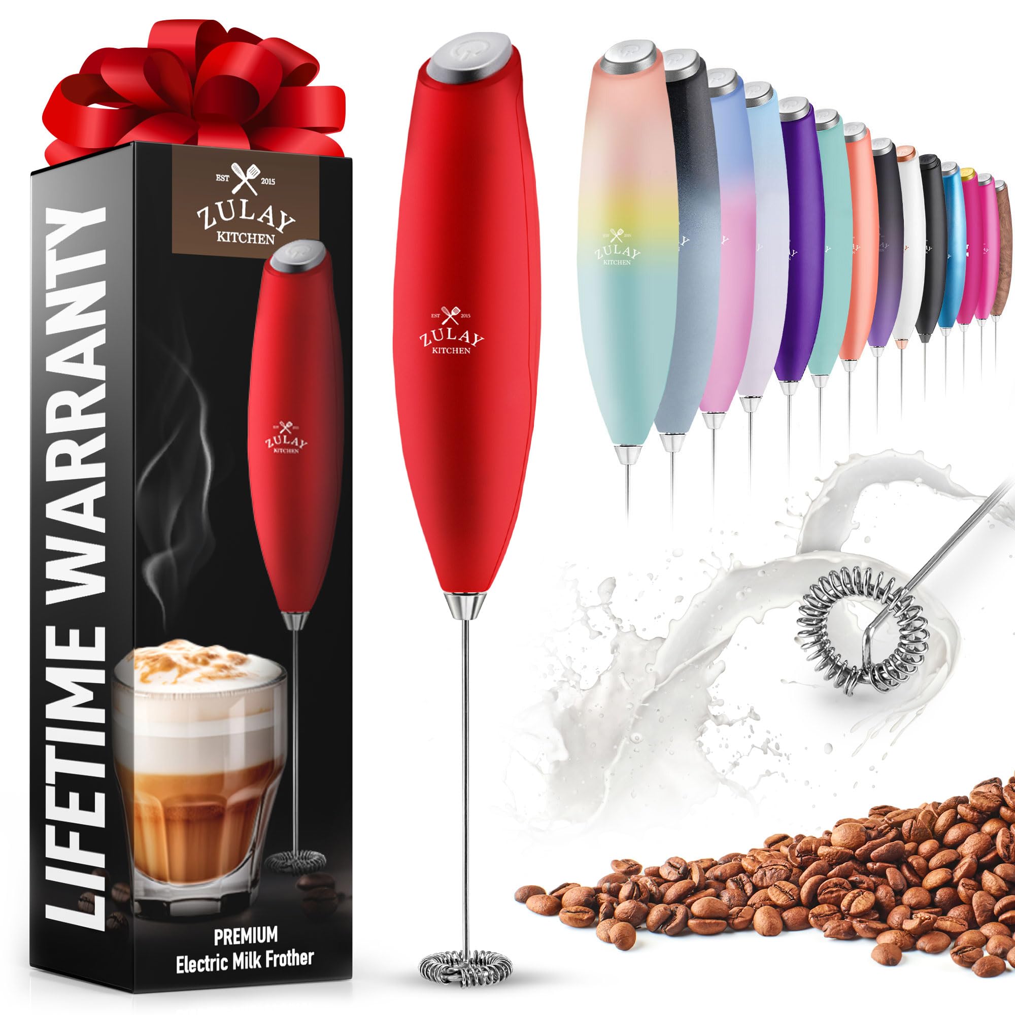 Zulay Powerful Electric Milk Frother Handheld Whisk - Mini Mixer & Foamer for Coffee, Latte, Matcha, Frappe - Fast Motor, Cordless, No Stand (Red) - Perfect for Home Baristas & Coffee Lovers
